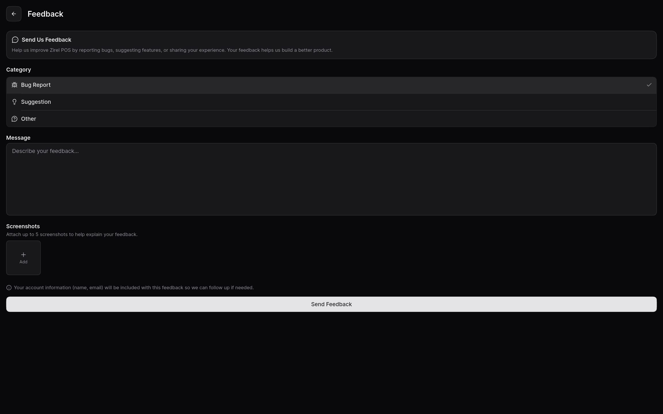 Feedback form for bug reports and suggestions with screenshots.