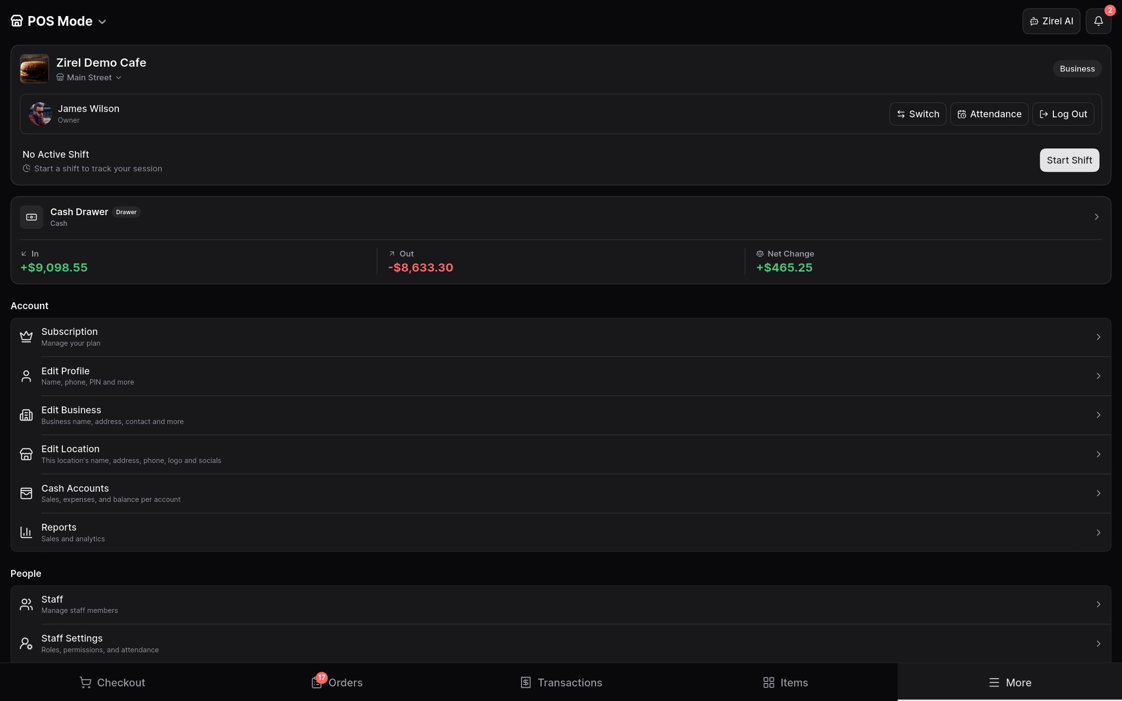 More menu with the Zirel AI button next to account and cash shortcuts.