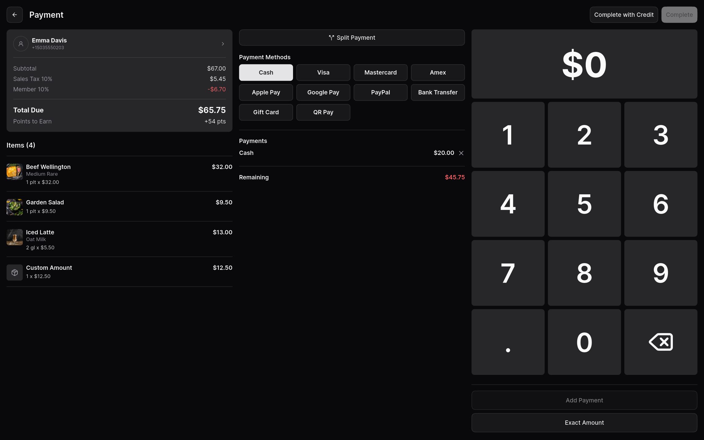 Payment screen with a partial cash payment and the option to complete the rest on credit.