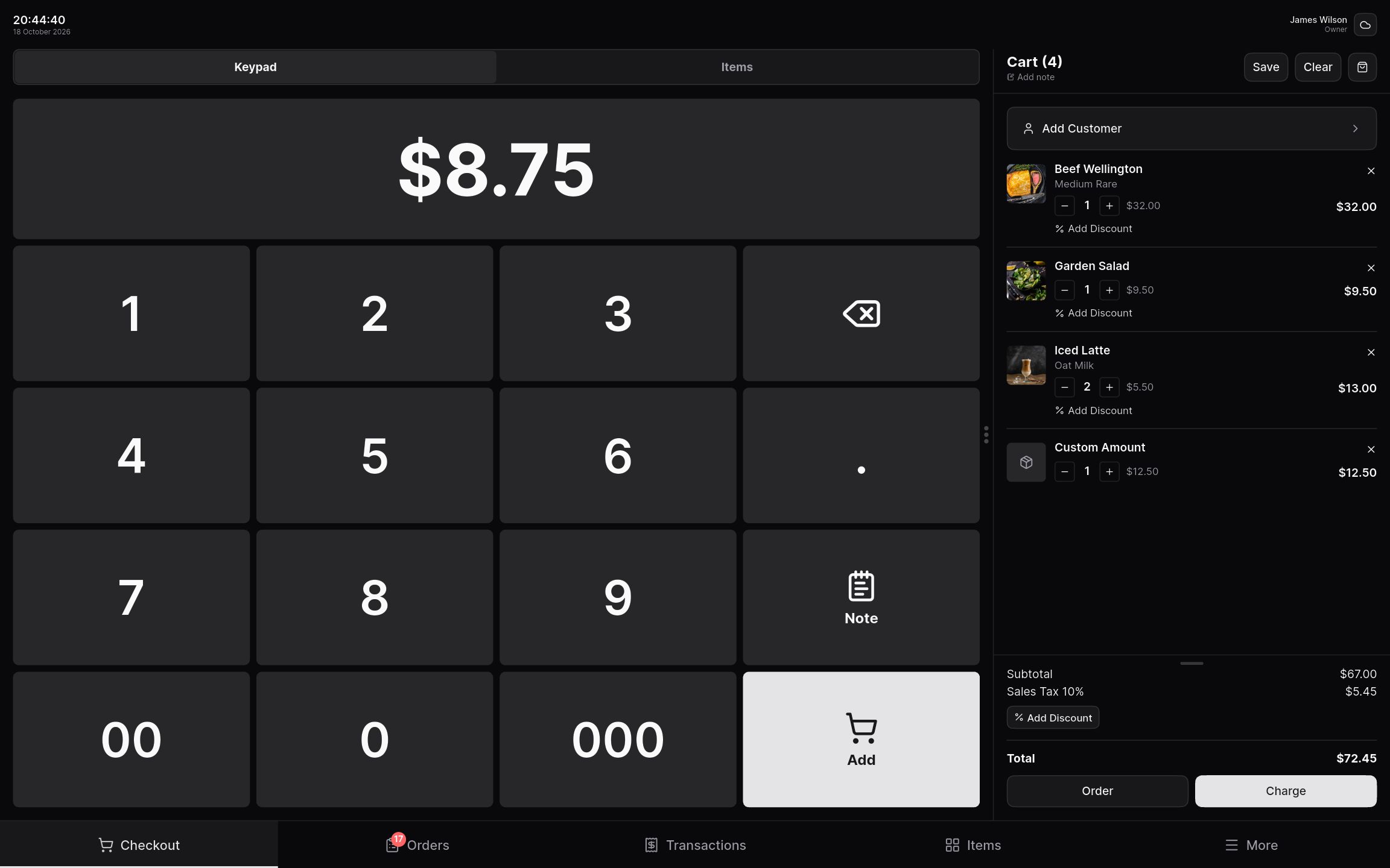 Keypad checkout entering a custom amount next to a cart with catalog items and a custom line.