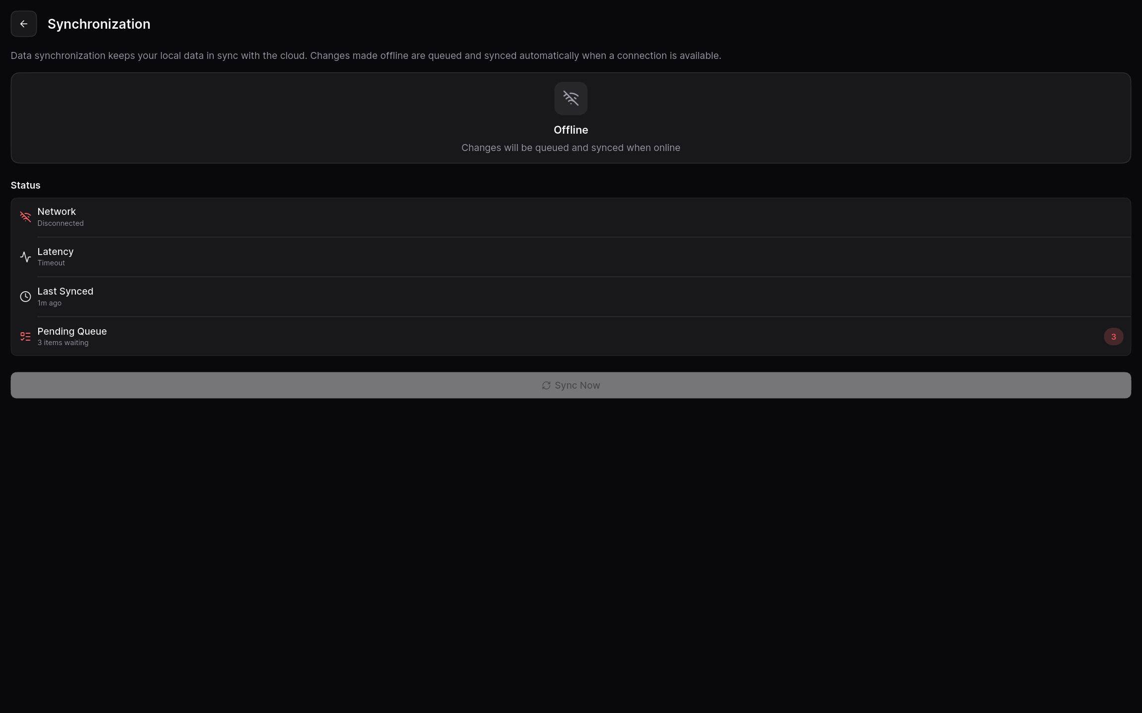 Sync status showing the device offline with sales queued to sync later.