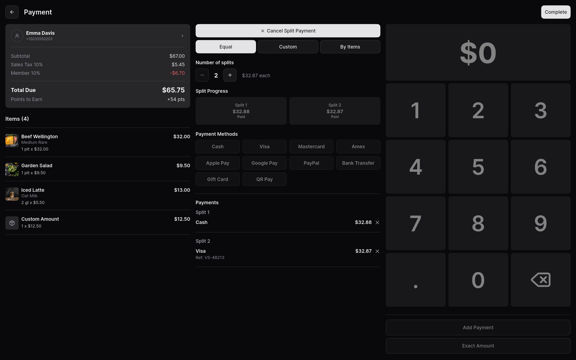 Split payment screen with one bill paid half in cash and half by Visa.