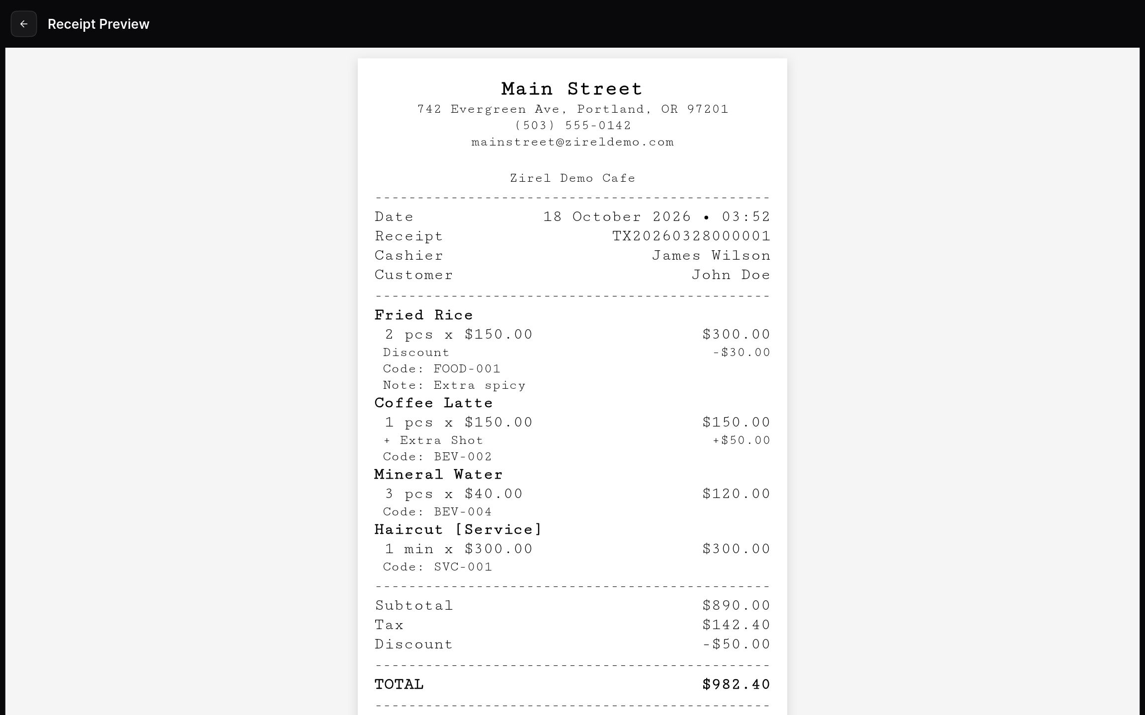 Thermal receipt preview with the location header, items, taxes, and totals.