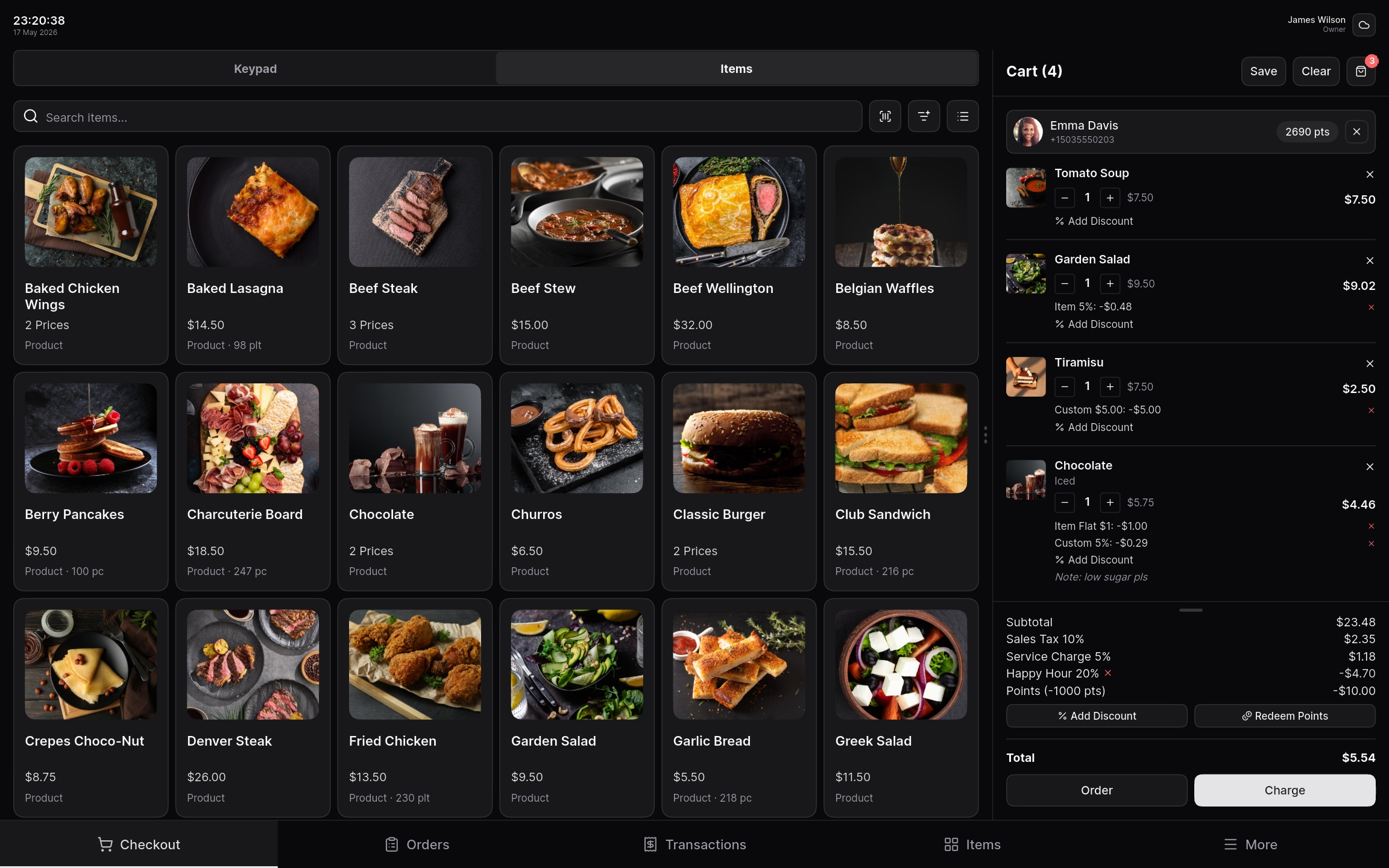 Tablet checkout screen with cart on the right and category tabs on the left.