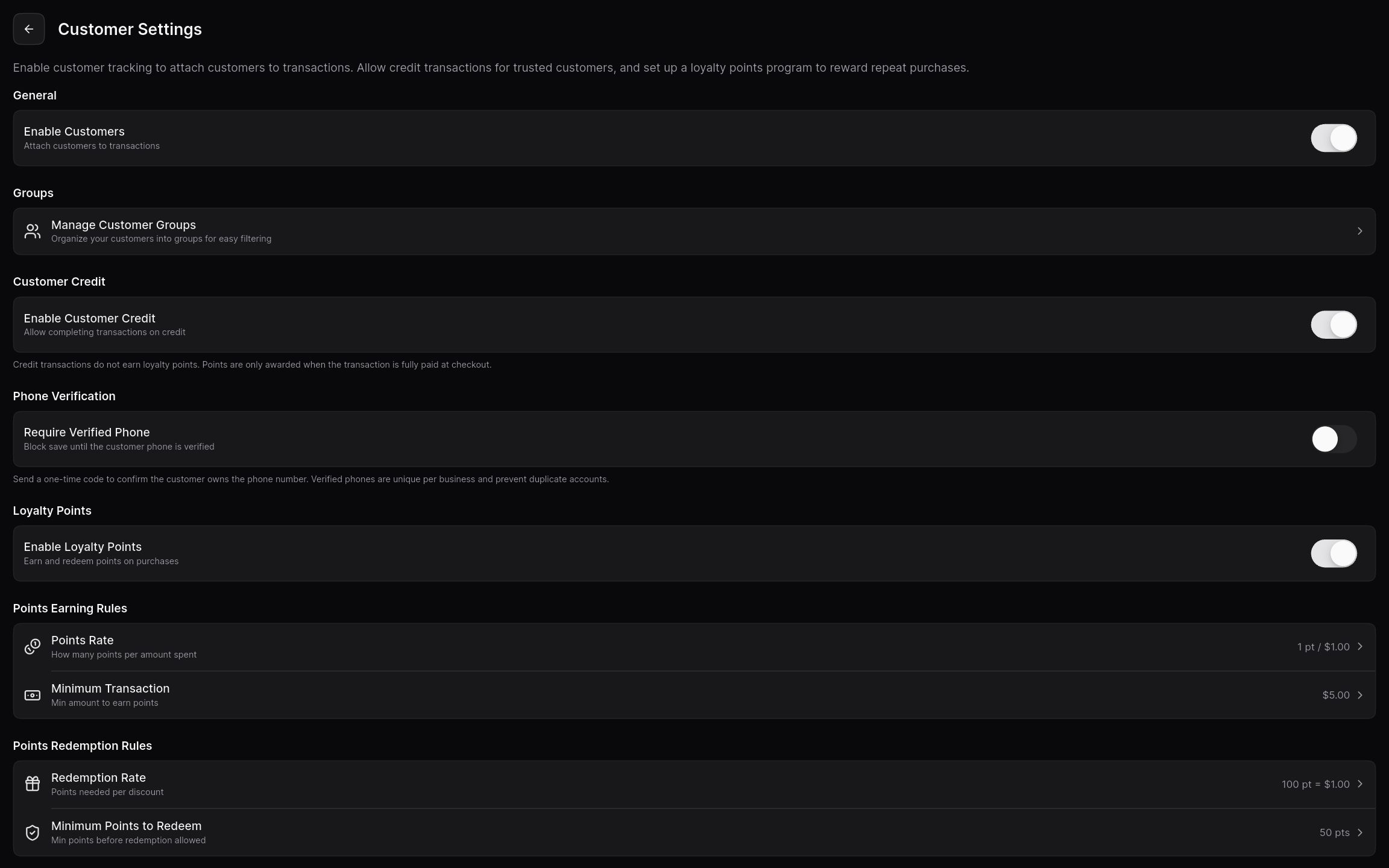Customer settings for credit, phone verification, and loyalty rules.