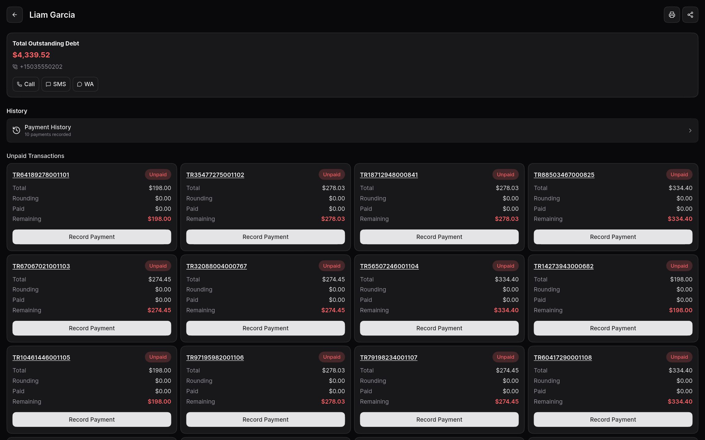 Customer debt screen listing unpaid transactions with Record Payment actions.