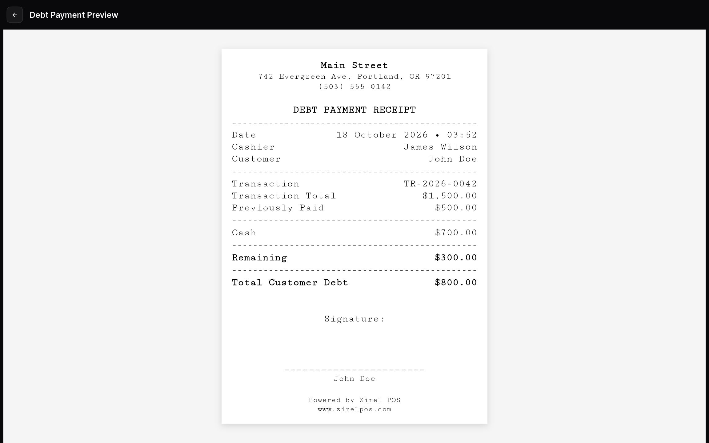 Debt payment receipt preview with the remaining balance and a signature line.
