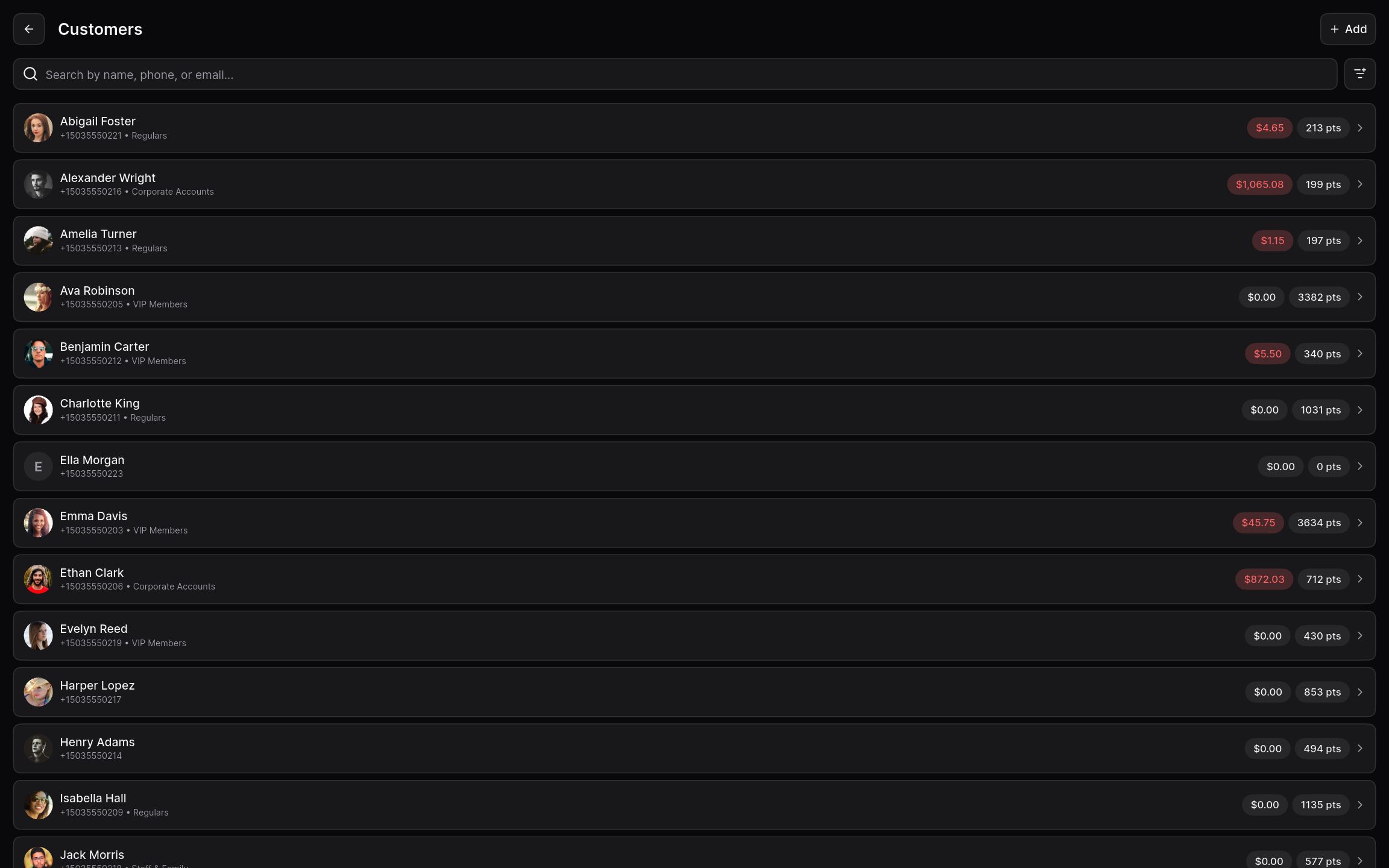 Customer list with groups, outstanding debts, and loyalty points.