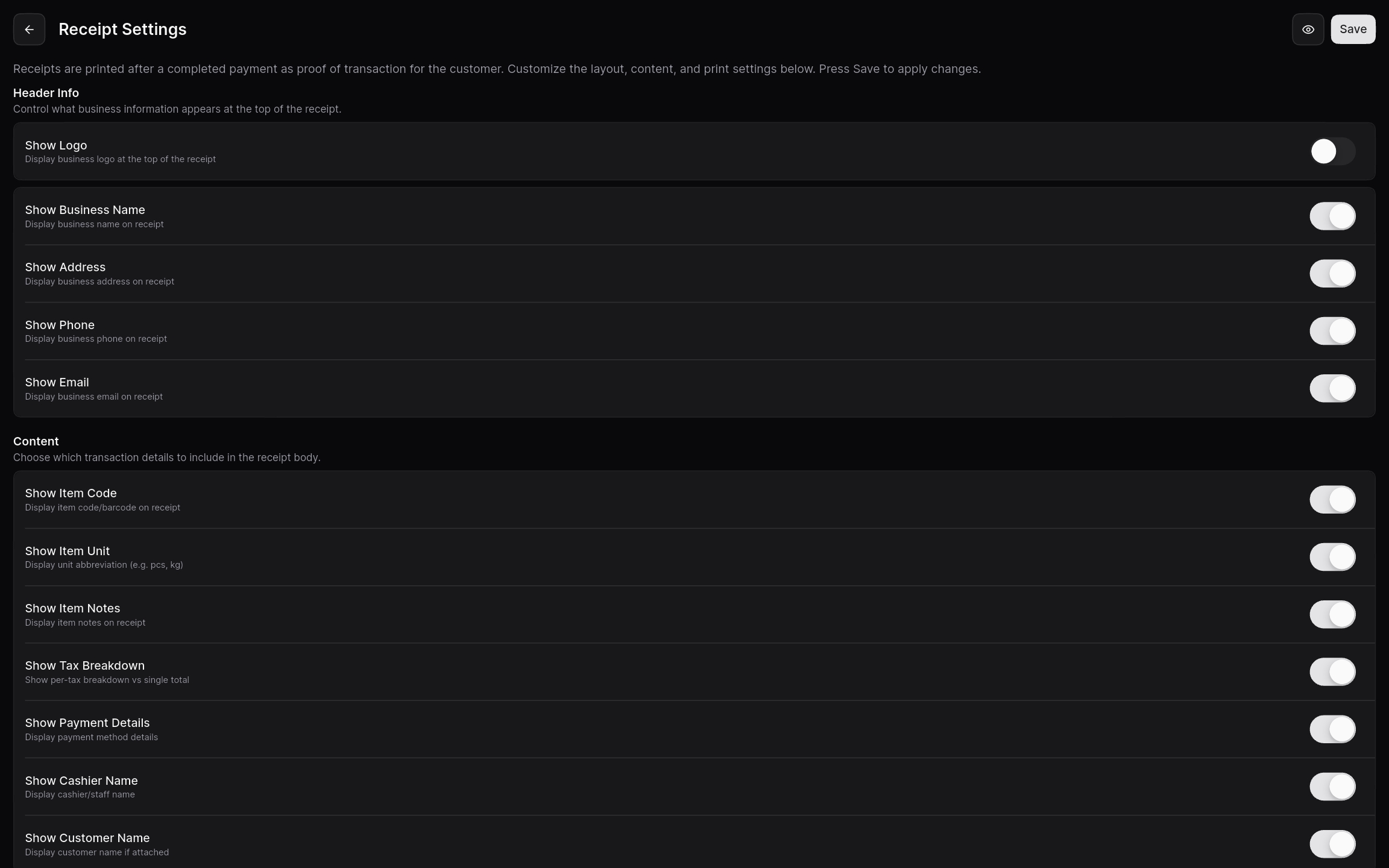 Tablet More screen with rows of toggles for Checkout, Orders, Discounts, Split Payment, and Transaction Settings.