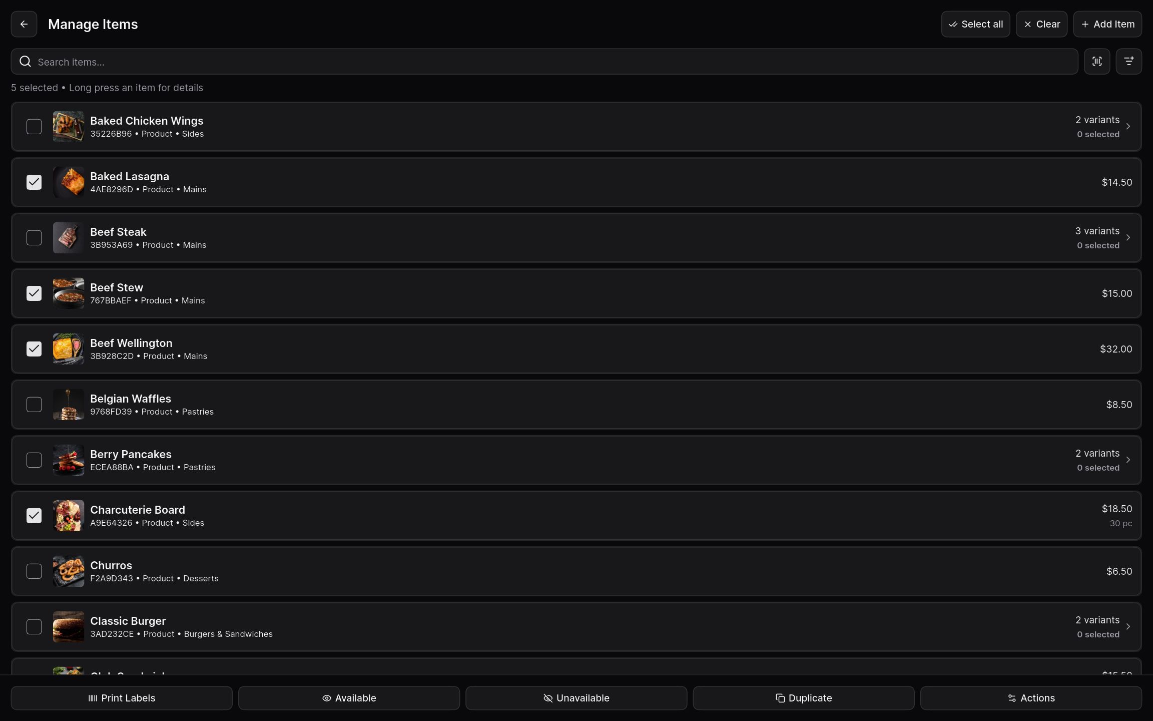 Manage items list with several items selected for bulk actions.