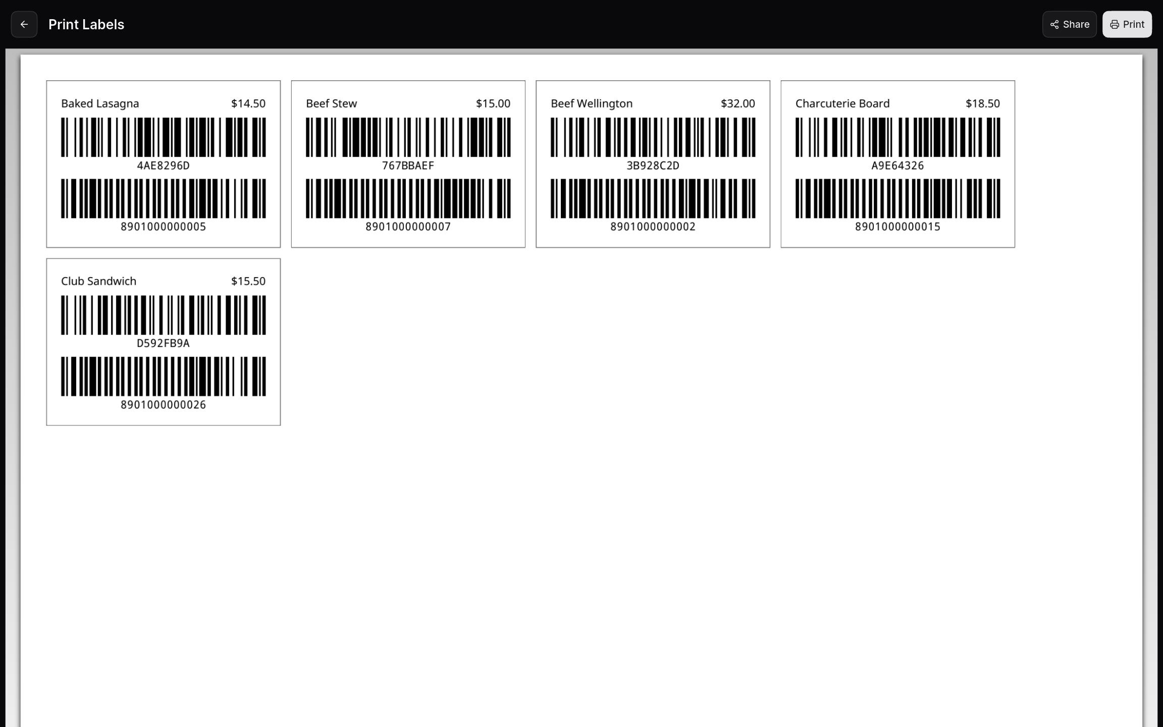 Barcode label sheet ready to print for the selected items.