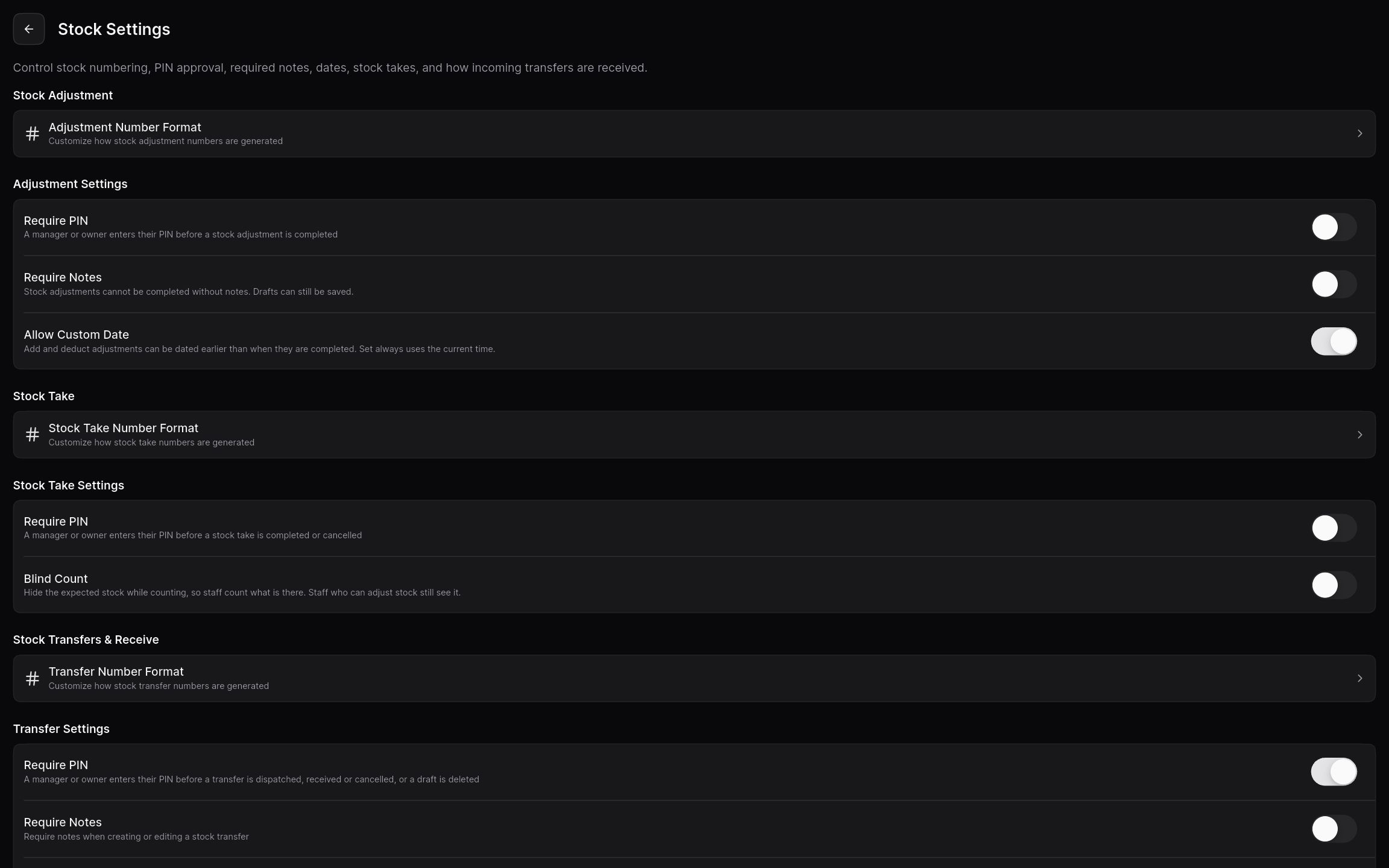 Stock settings requiring a manager PIN, notes, and custom dates for stock actions.