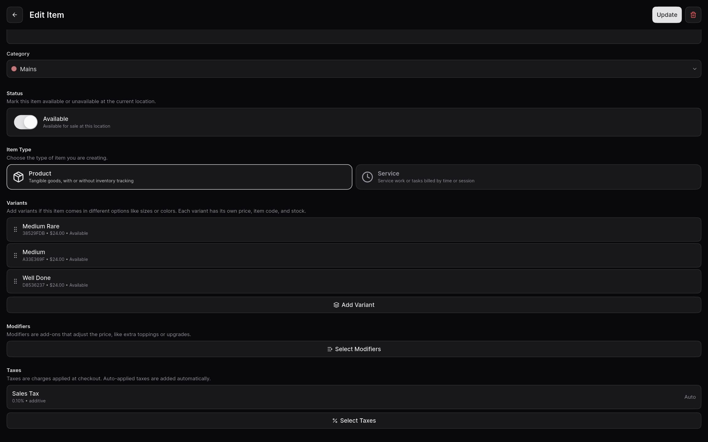 Item editor with product or service type, variants, modifiers, and taxes.