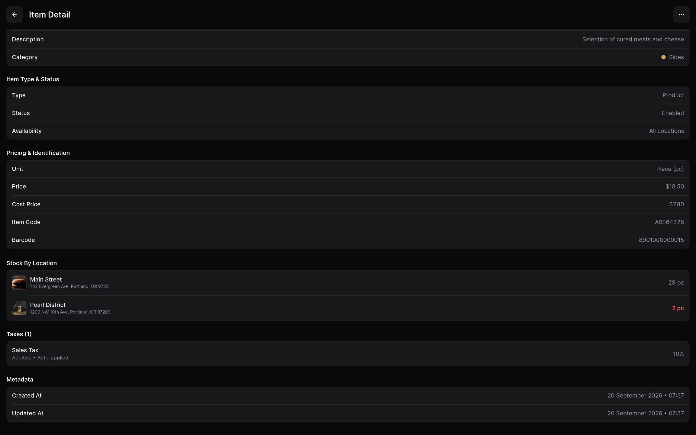 Item detail in Dashboard mode listing the stock on hand at each location.