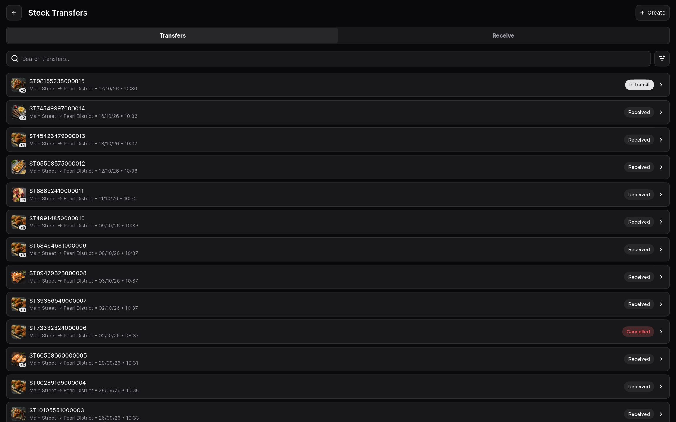 Stock transfers between locations with in-transit, received, and cancelled statuses.