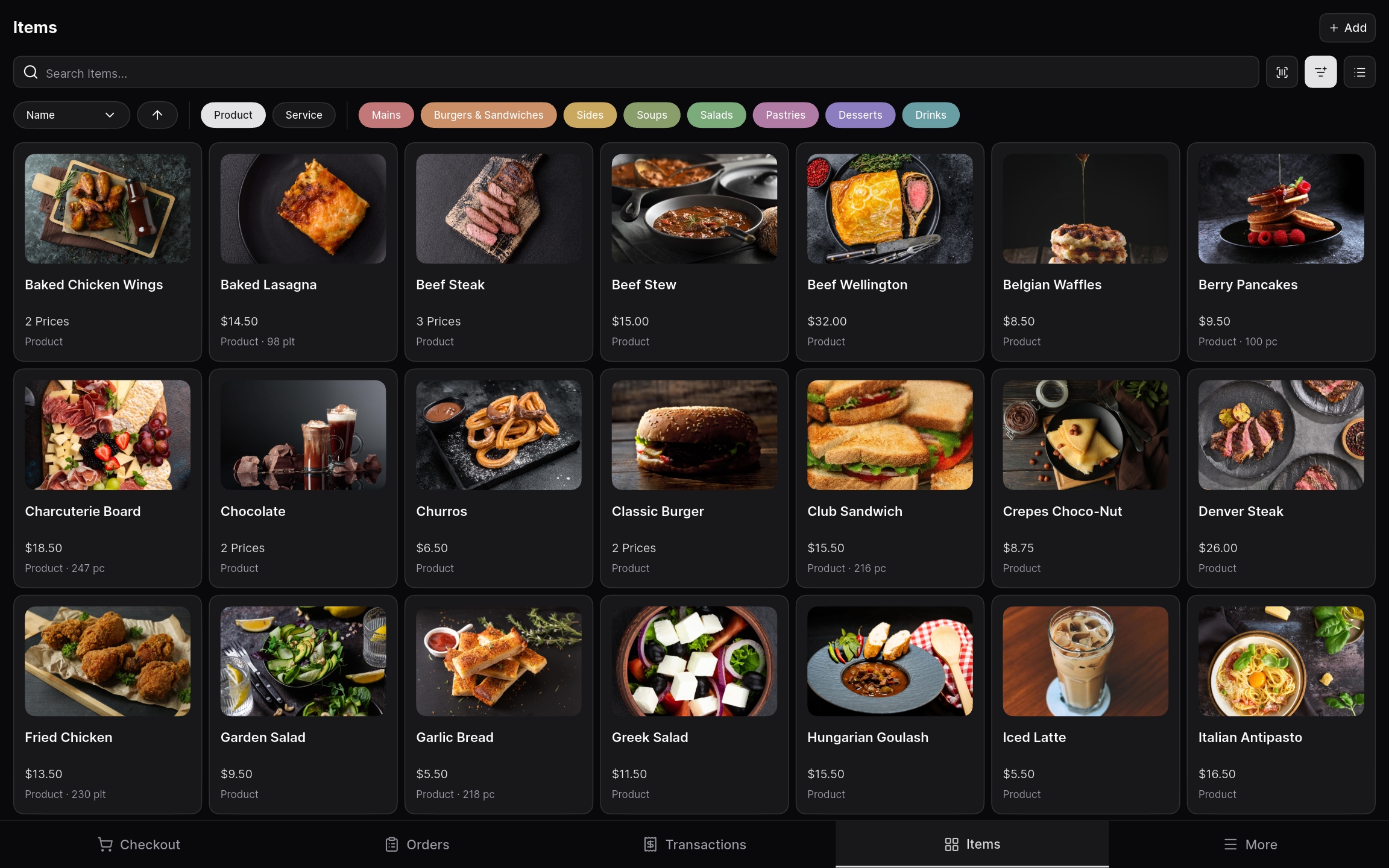 Tablet screen of the Items list with categories, stock badges, and a filter bar.