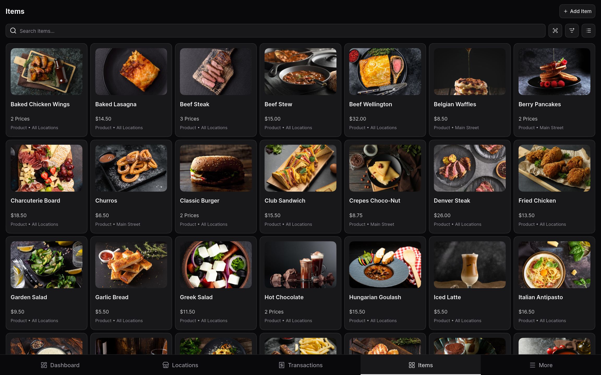 Shared item catalog showing which locations sell each item.