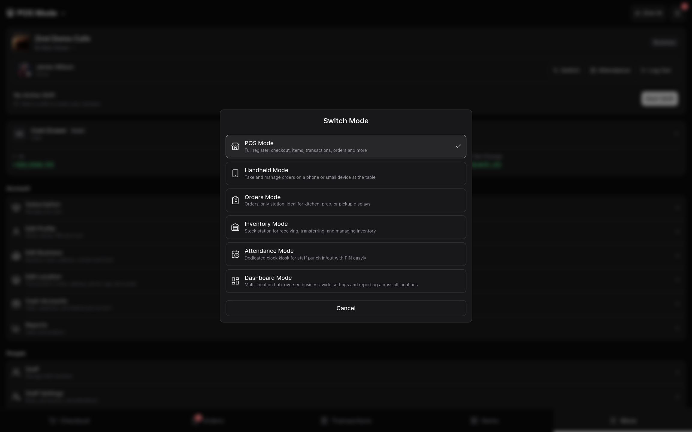 App mode picker with POS, Handheld, Orders, Inventory, Attendance, and Dashboard modes.