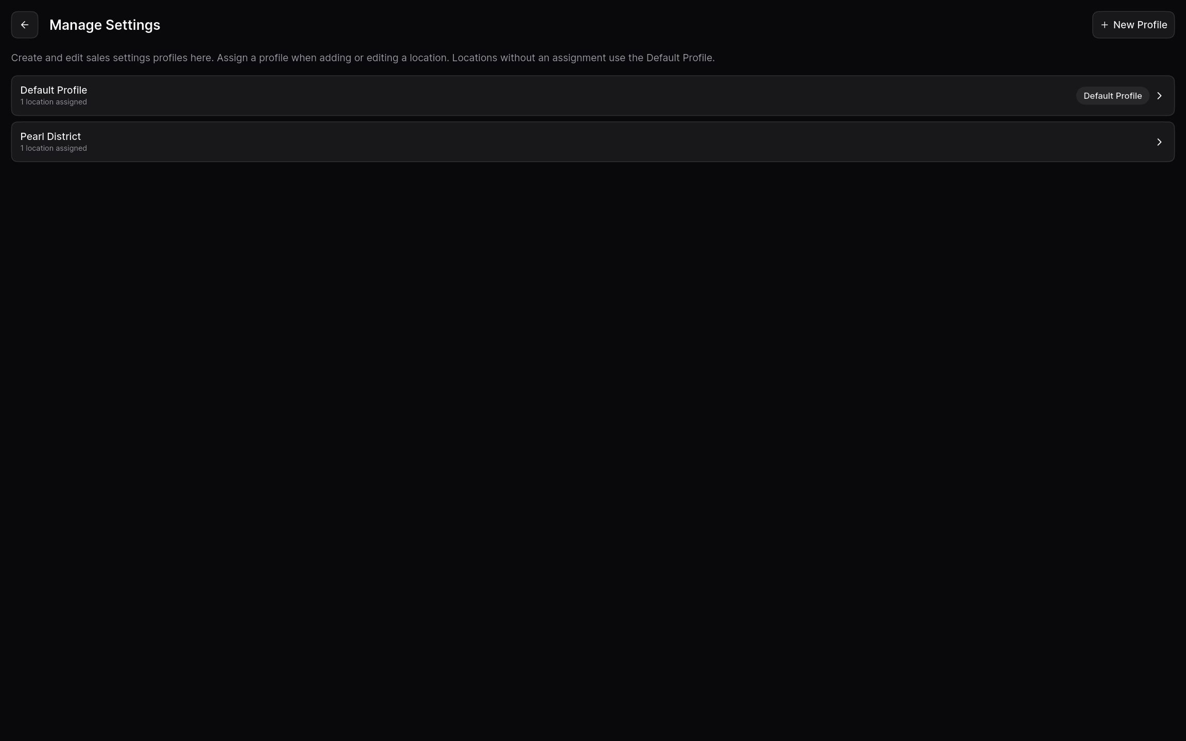 Settings profiles assigned to different locations.