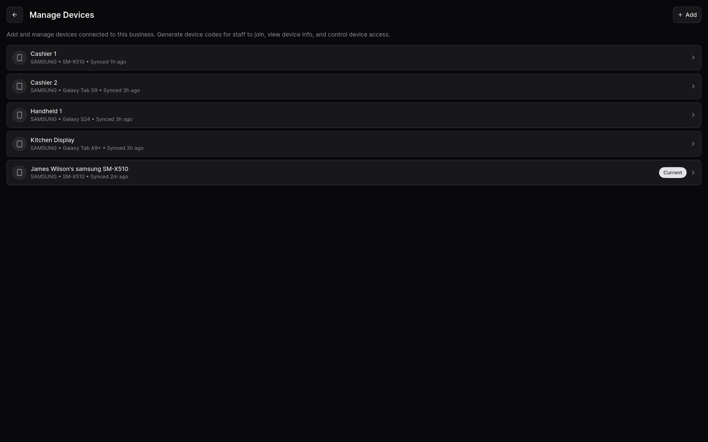 Devices list showing when each device last synced to the cloud.