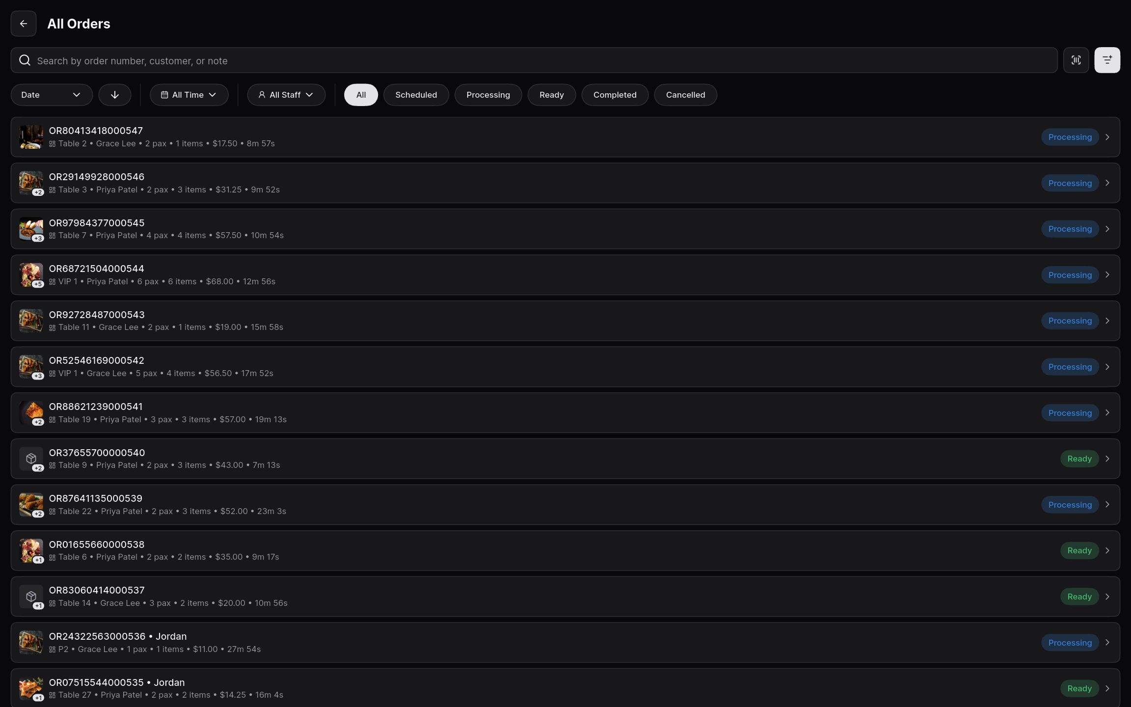 All orders list with status, date, and staff filters.