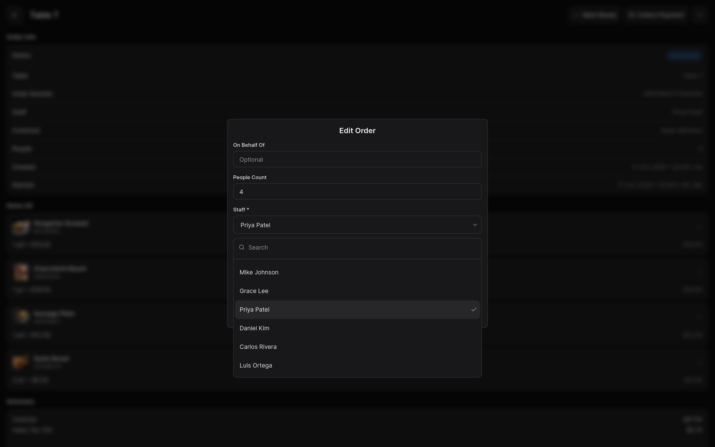 Edit order dialog choosing the staff member assigned to the order.