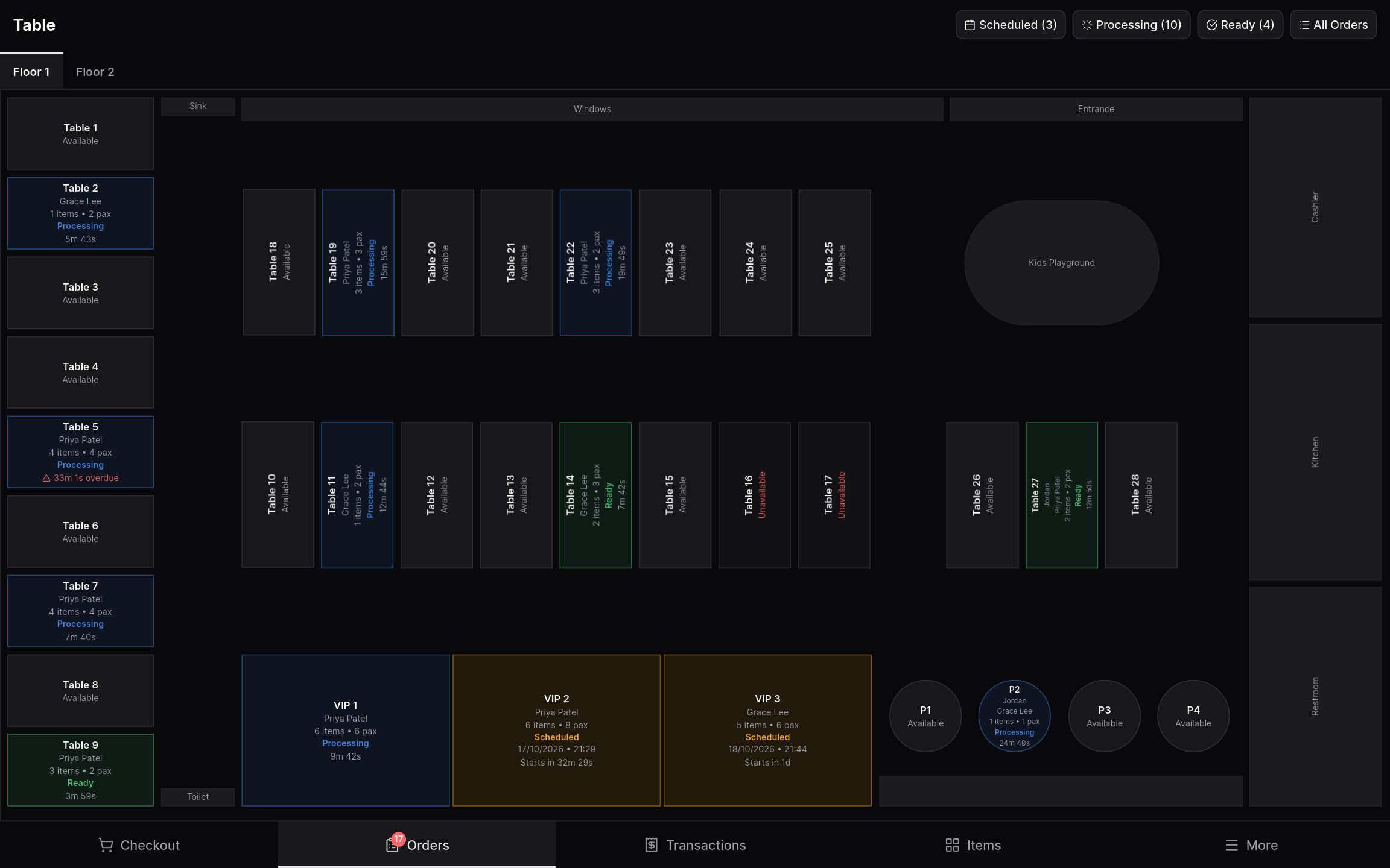 Floor plan of tables and VIP rooms with the live order status on each table.