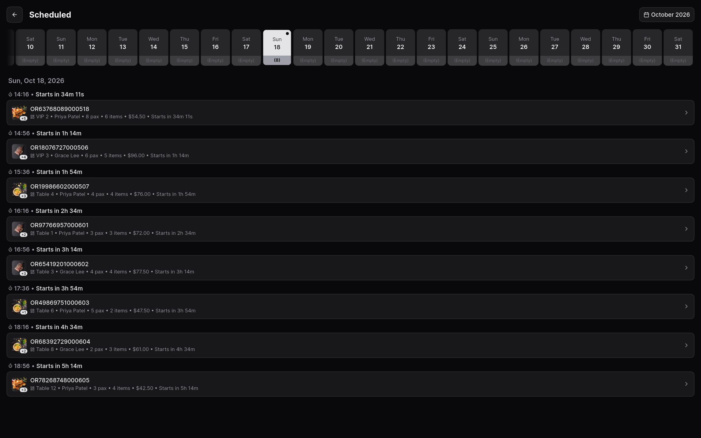 Scheduled orders calendar with several bookings listed by time on the selected day.