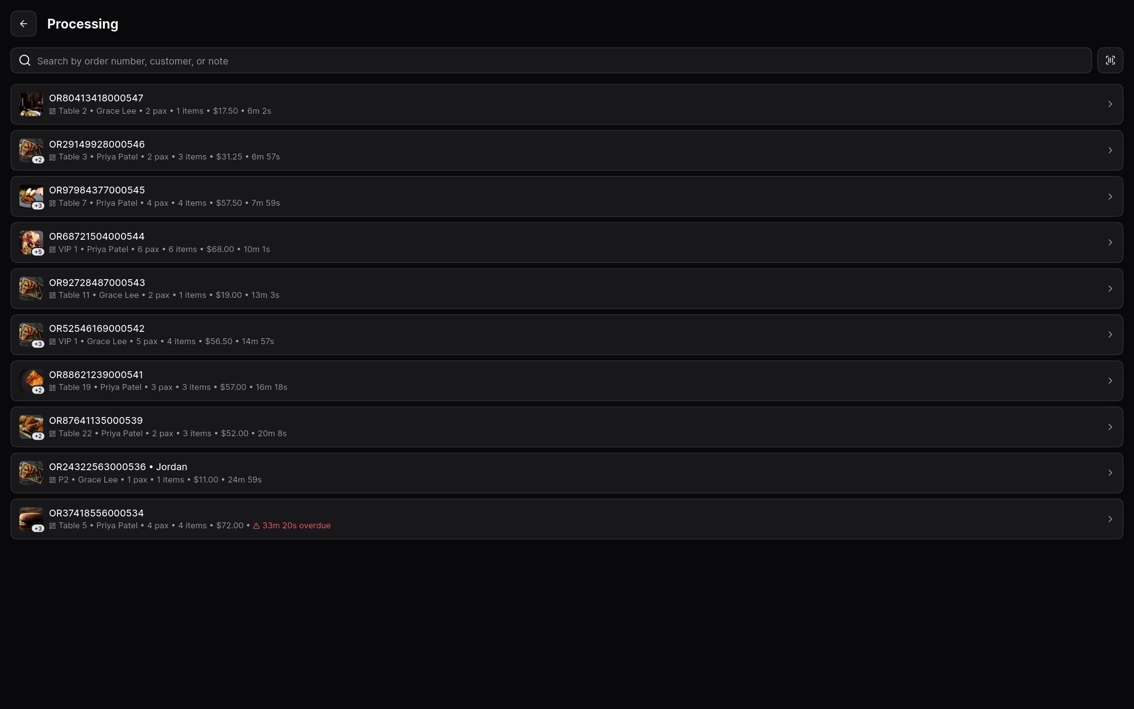 Processing orders list with elapsed timers and an overdue alert.
