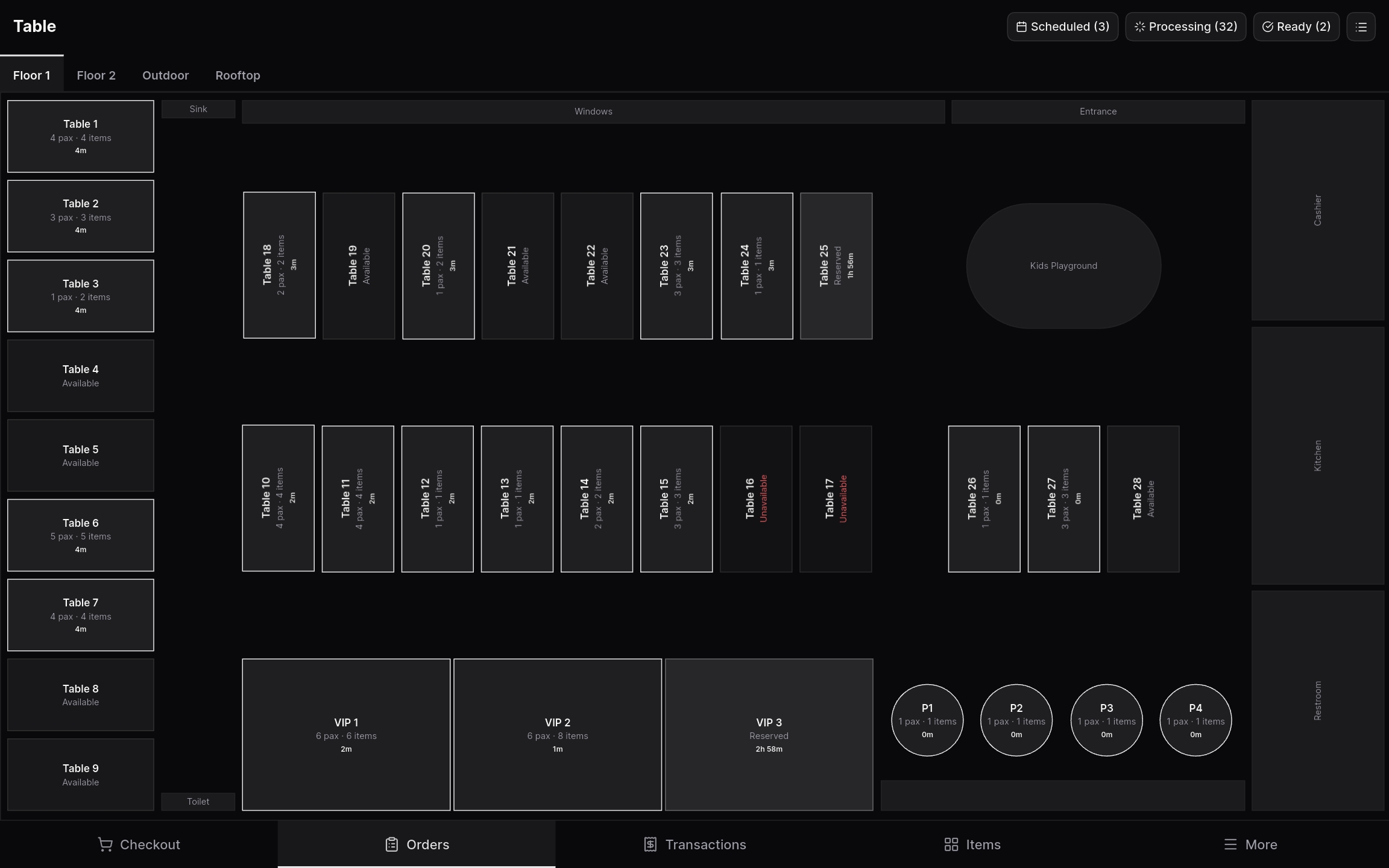 Tablet orders screen with a grid of order points, each with status badges.
