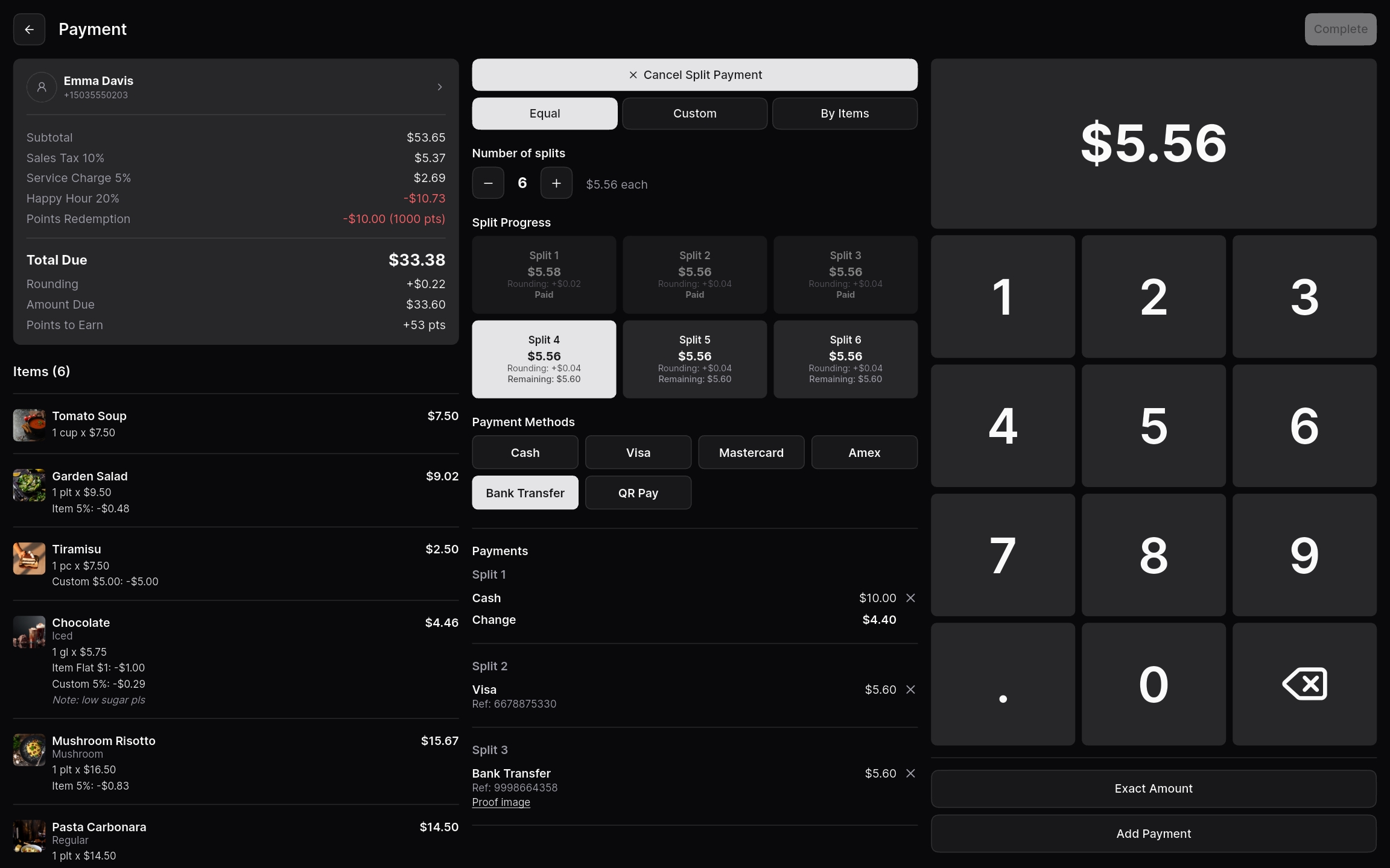 Tablet payment screen with split-payment rows, a cash rounding hint, and a customer credit toggle.