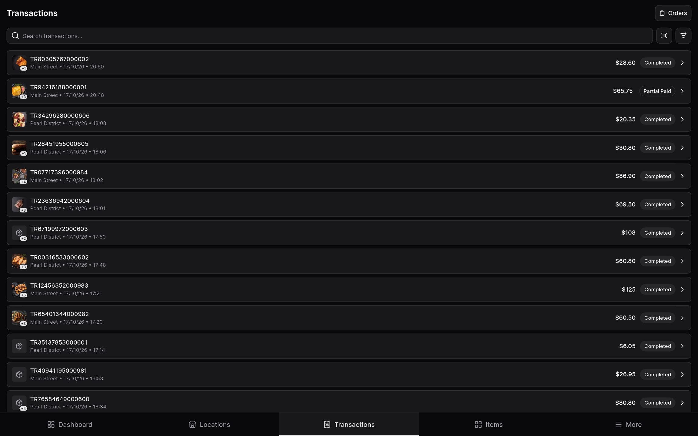 Transactions from all locations in one list on the Dashboard.