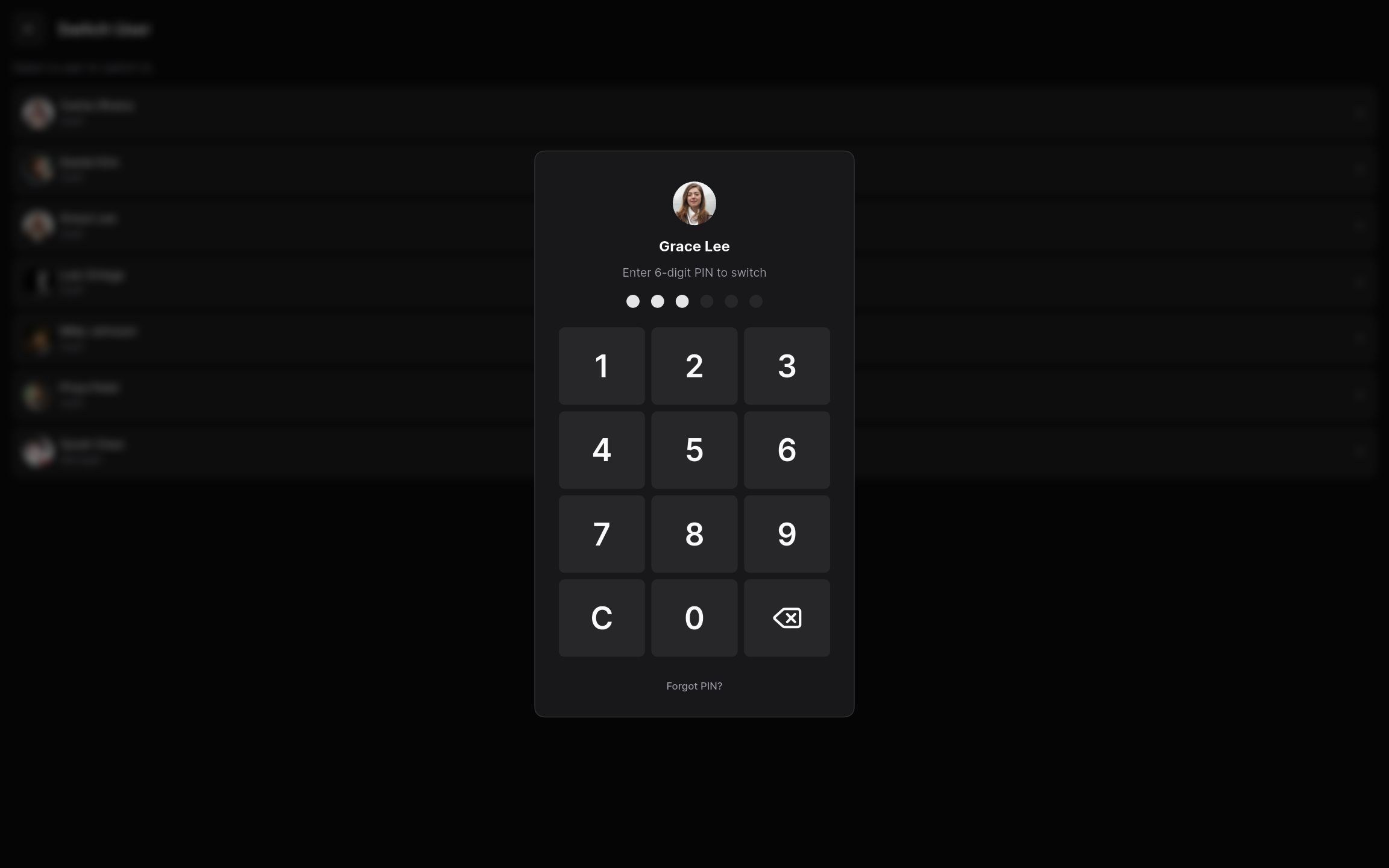 PIN pad for switching to another staff member on a shared device.