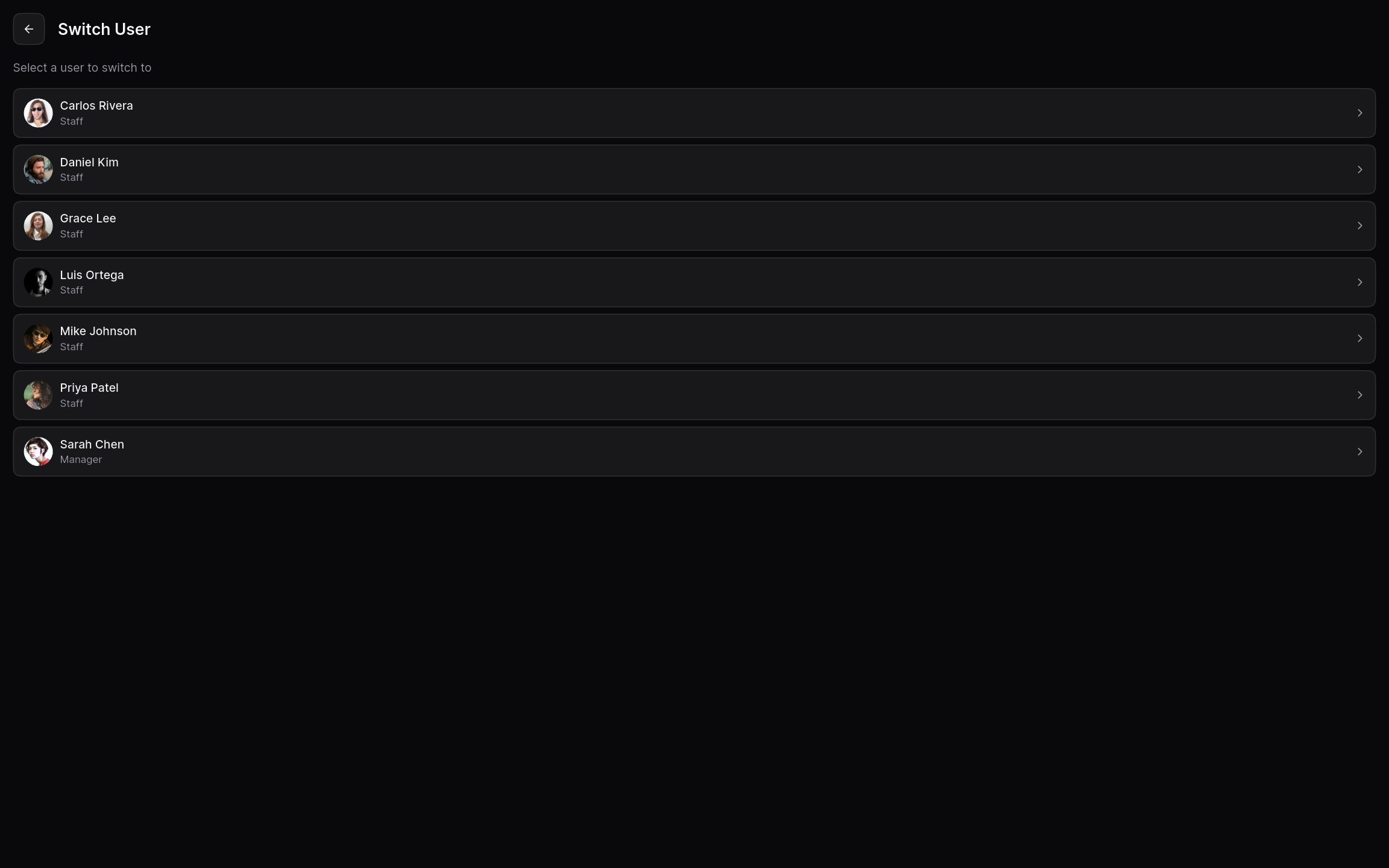 Switch user list showing the staff members on a shared tablet.