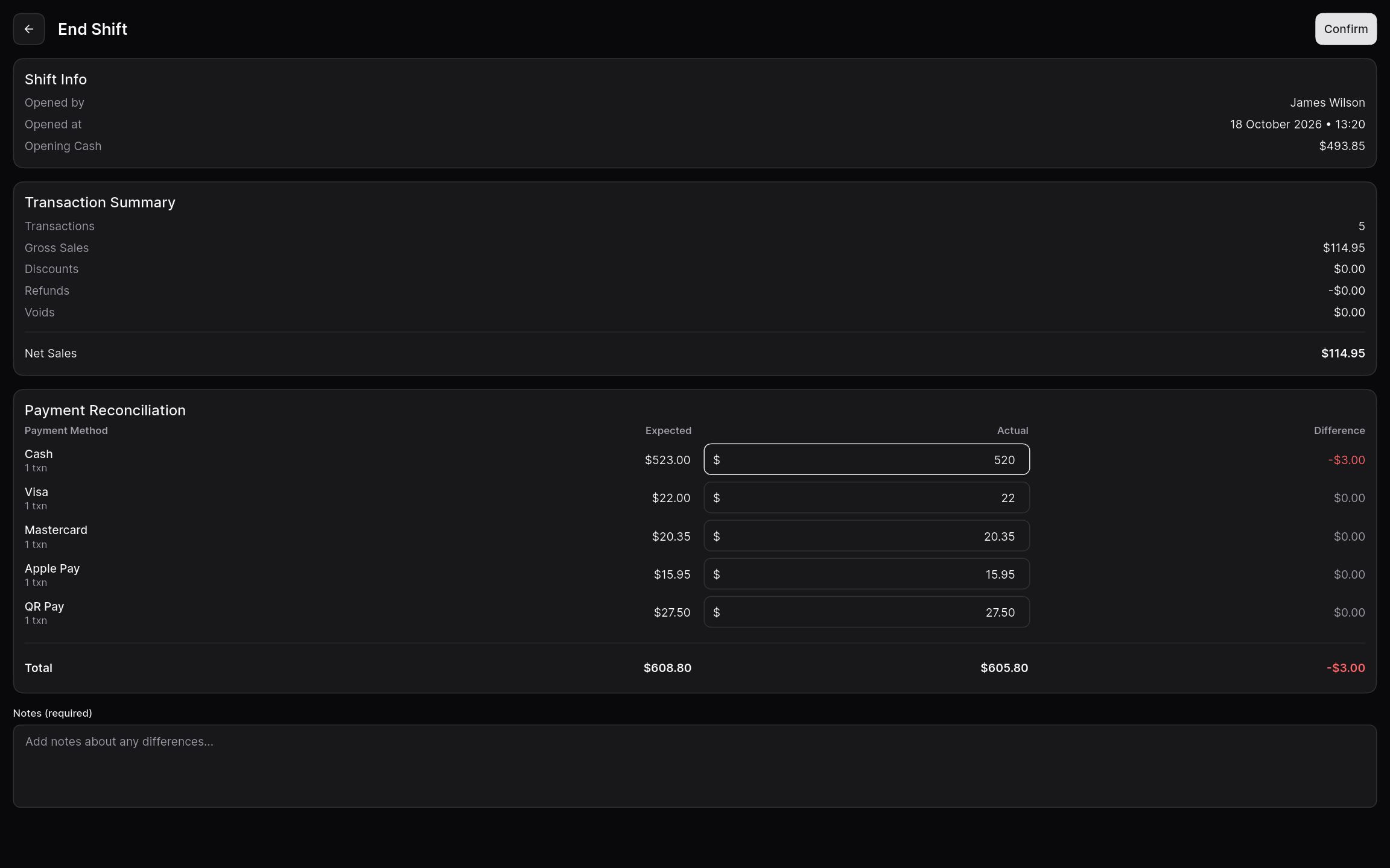 End shift screen comparing expected and actual amounts for each payment method, with the difference.