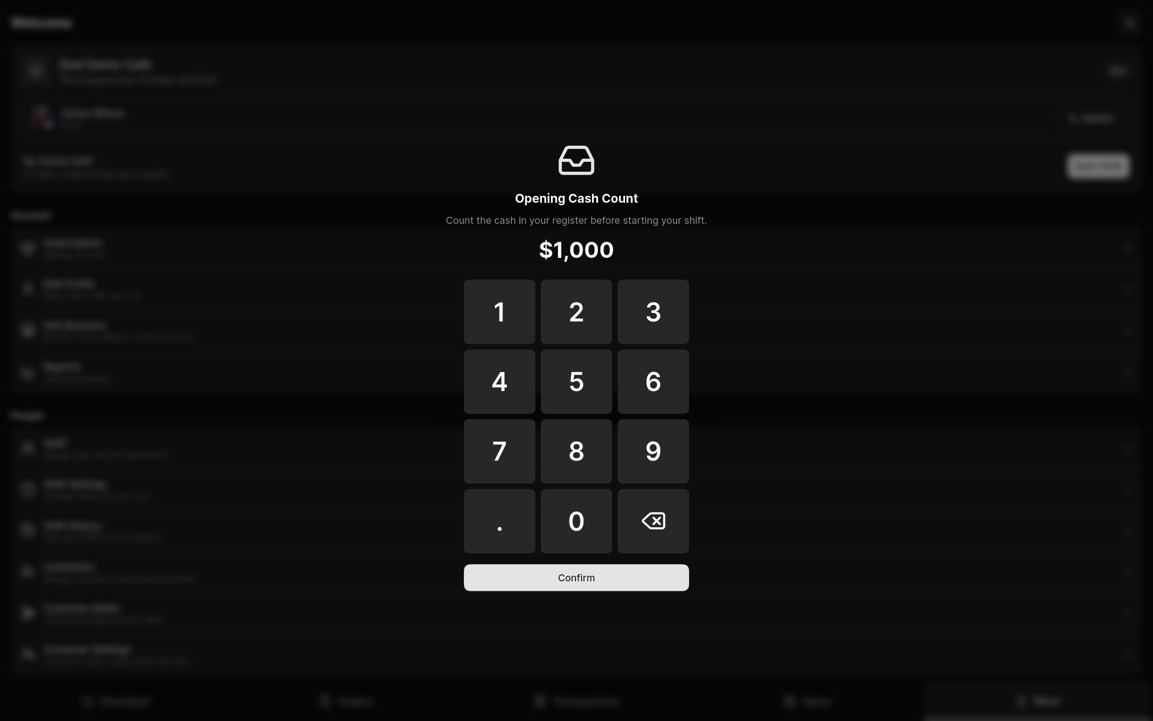 Tablet shift summary with cash counts and a list of staff actions.