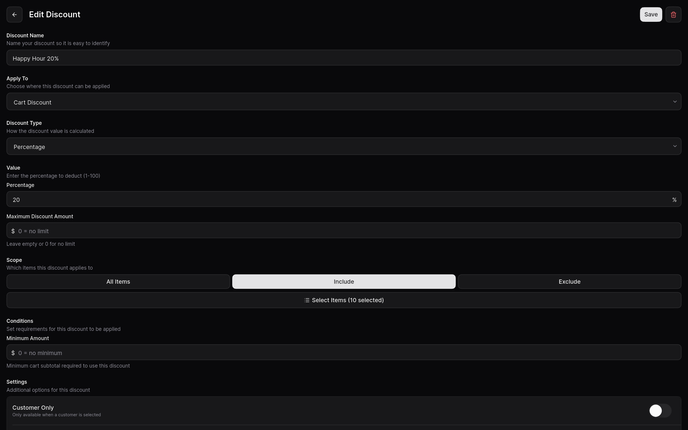 Tablet checkout receipt preview showing tax and discount breakdown.