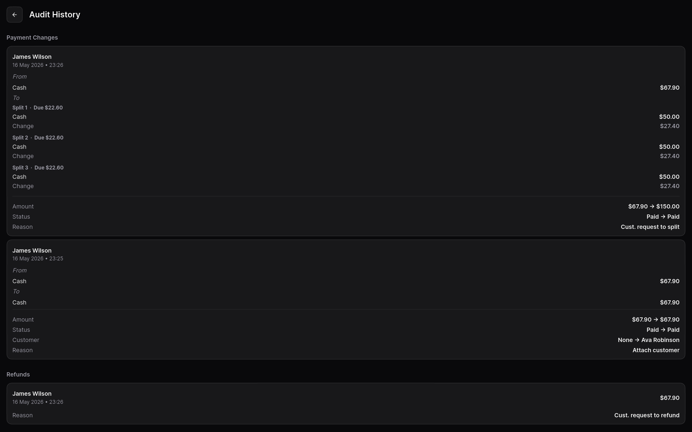 Tablet transactions list with status filters and an open transaction showing the audit history panel.