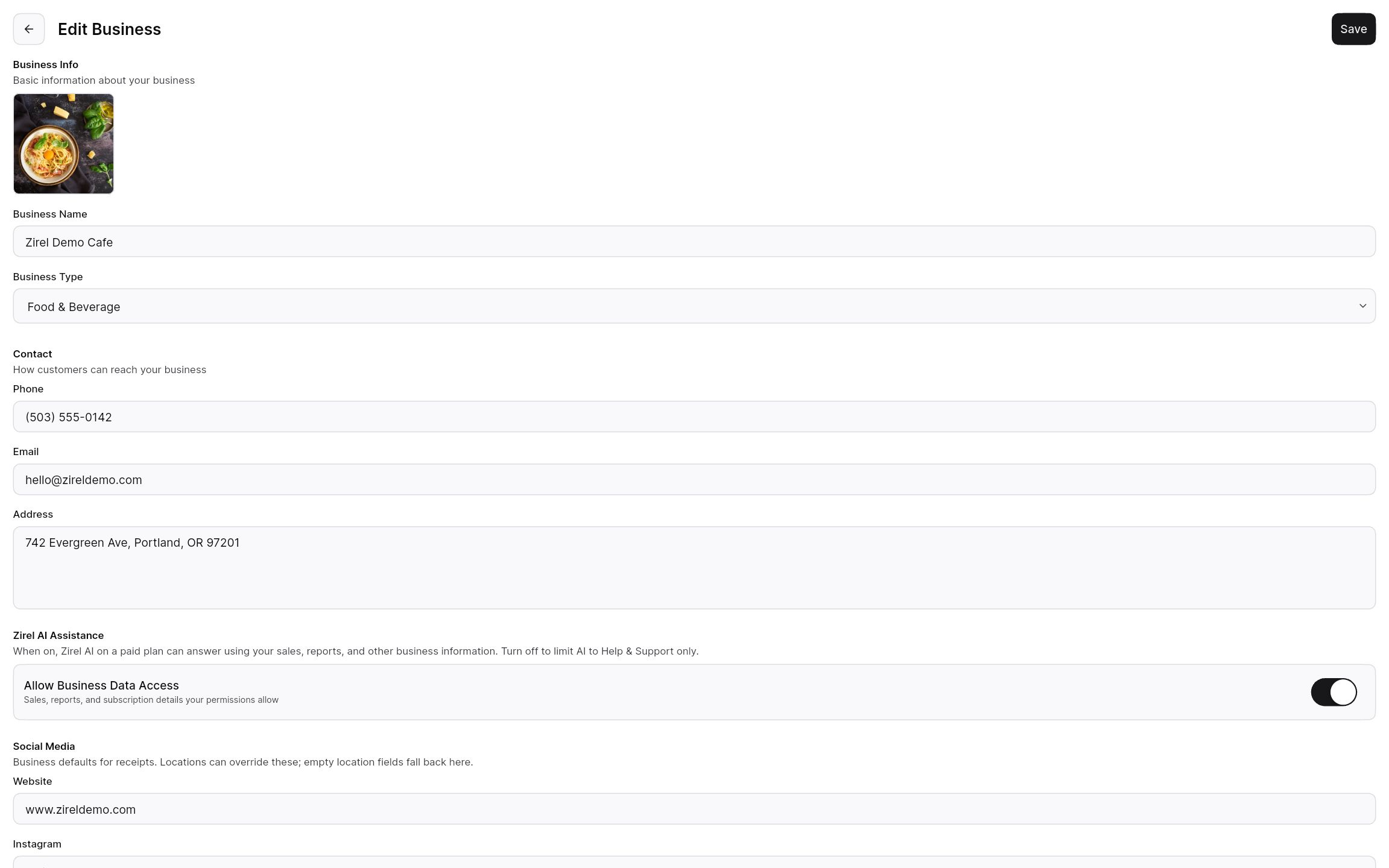 Business settings with the Allow Business Data Access toggle for Zirel AI.