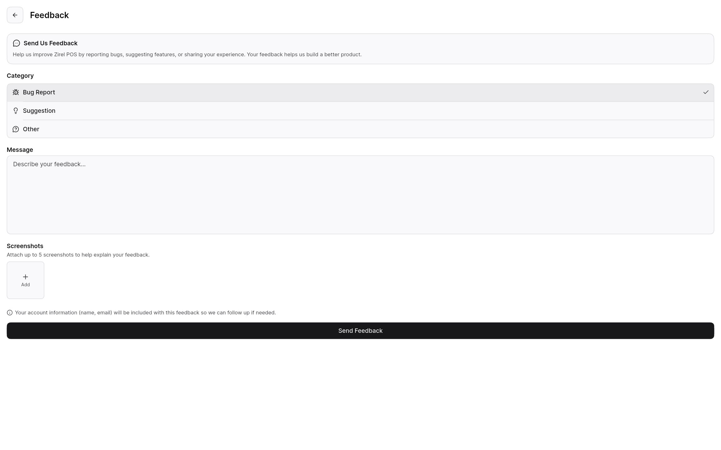 Feedback form for bug reports and suggestions with screenshots.
