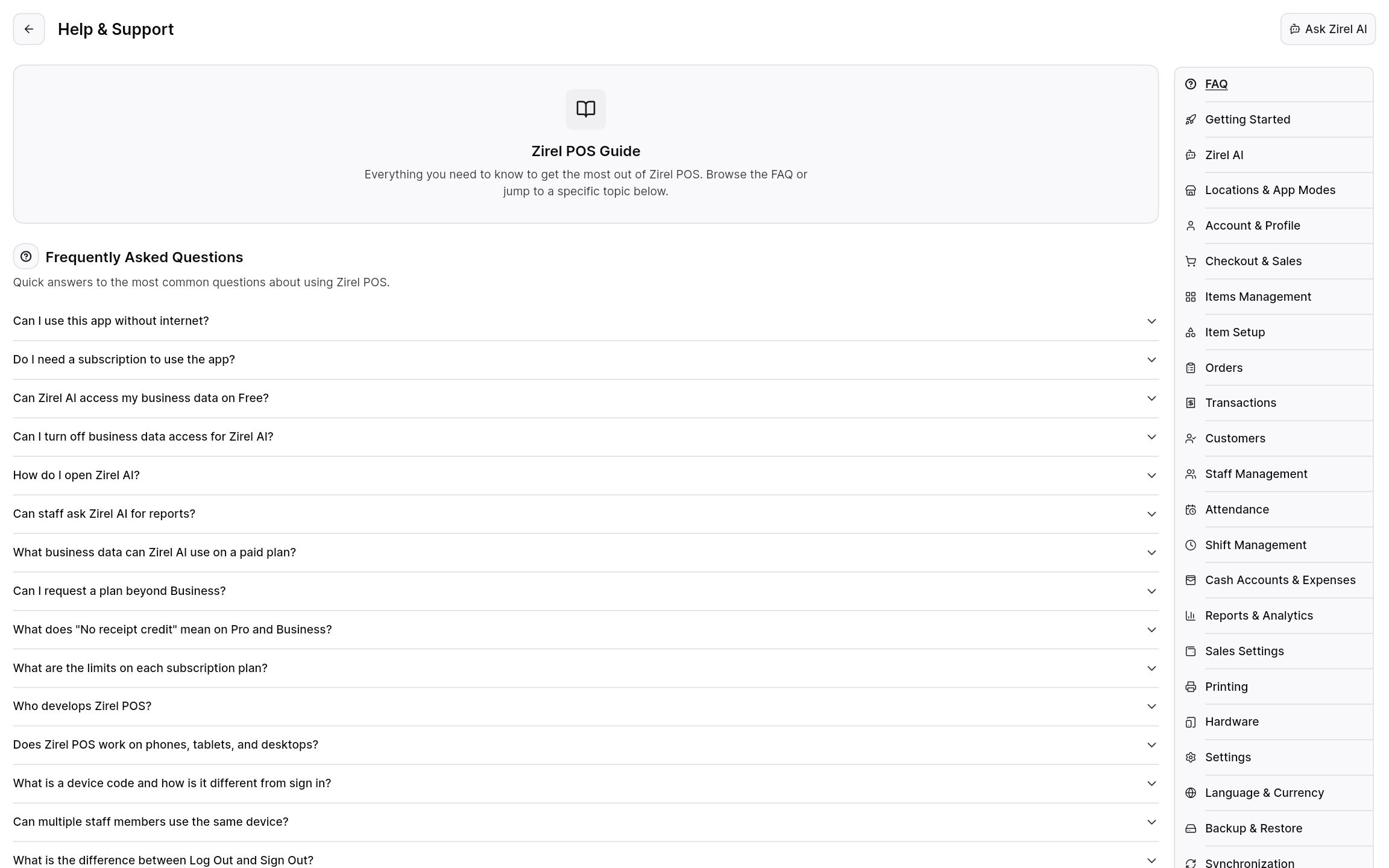 Help and Support guide with FAQs and topics available in the app.