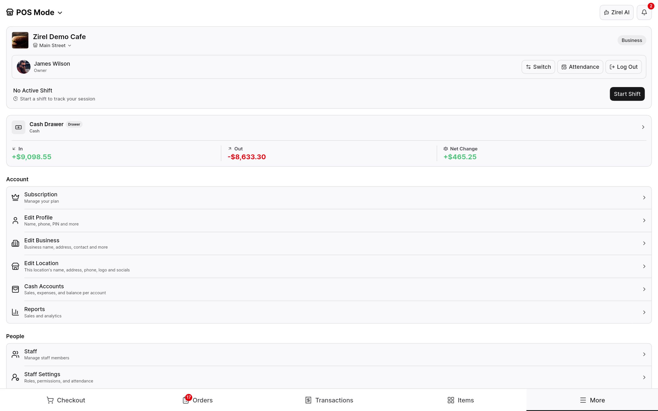 More menu with the Zirel AI button next to account and cash shortcuts.