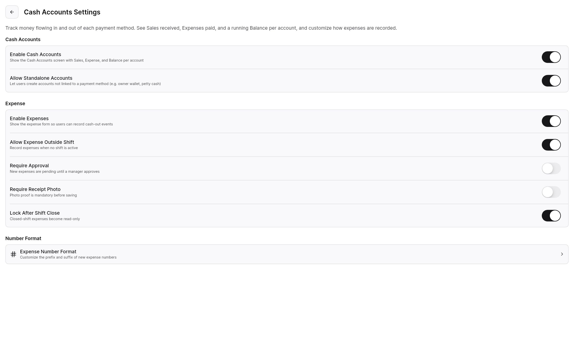 Cash account settings for expense approval, receipt photos, and locking after shift close.
