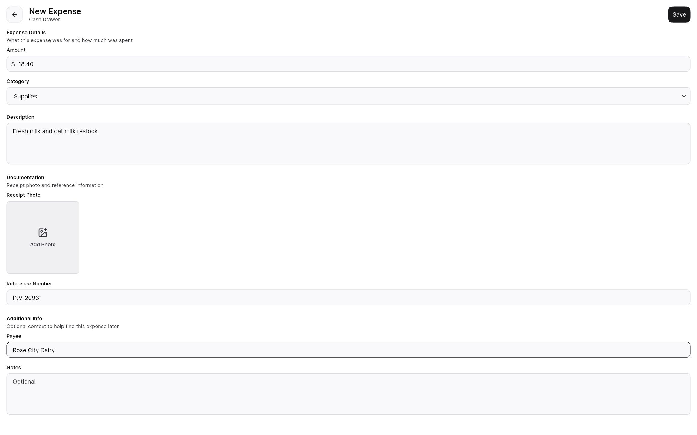 New expense form with amount, category, receipt photo, and payee.