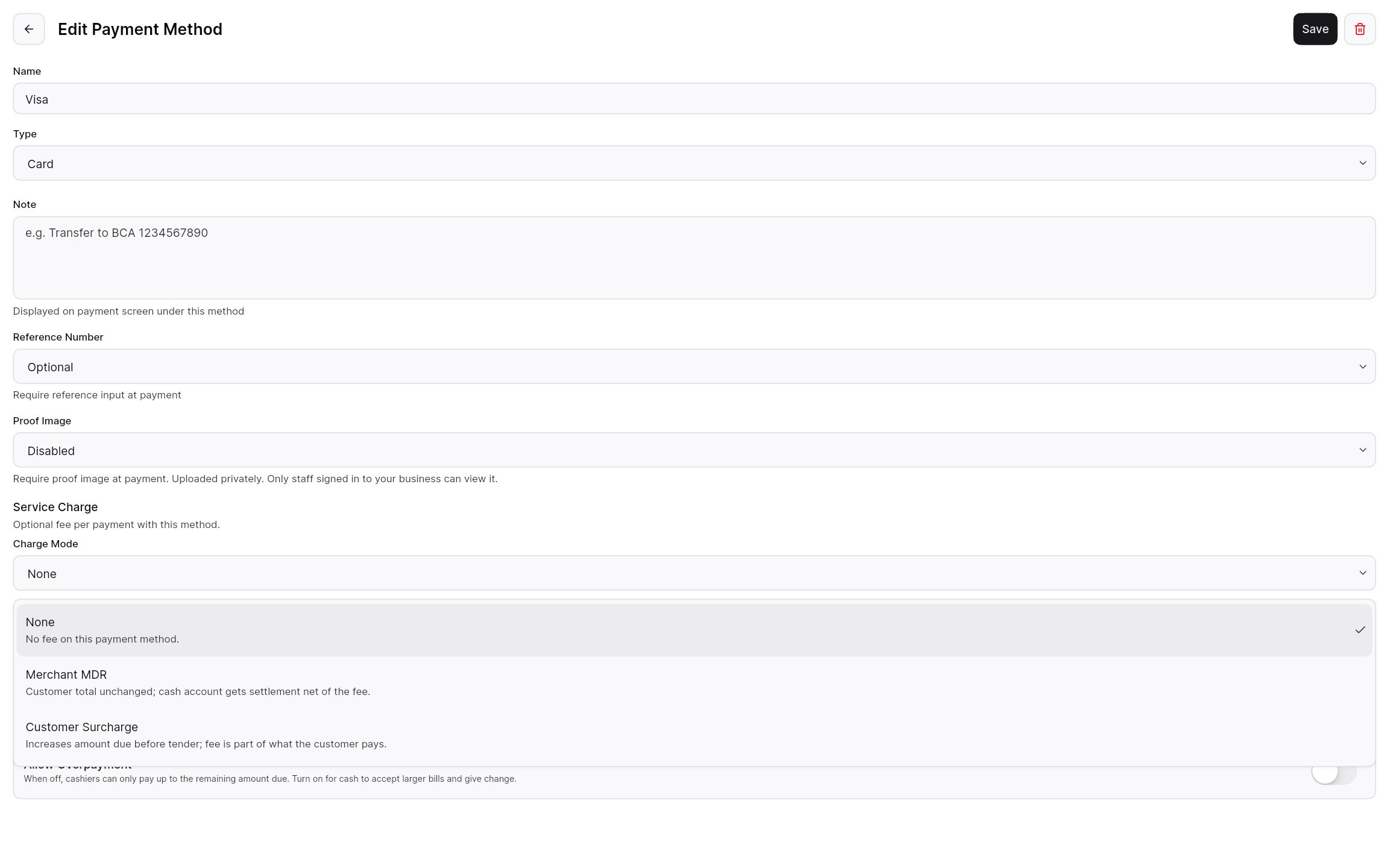Payment method settings choosing between merchant MDR and a customer surcharge.