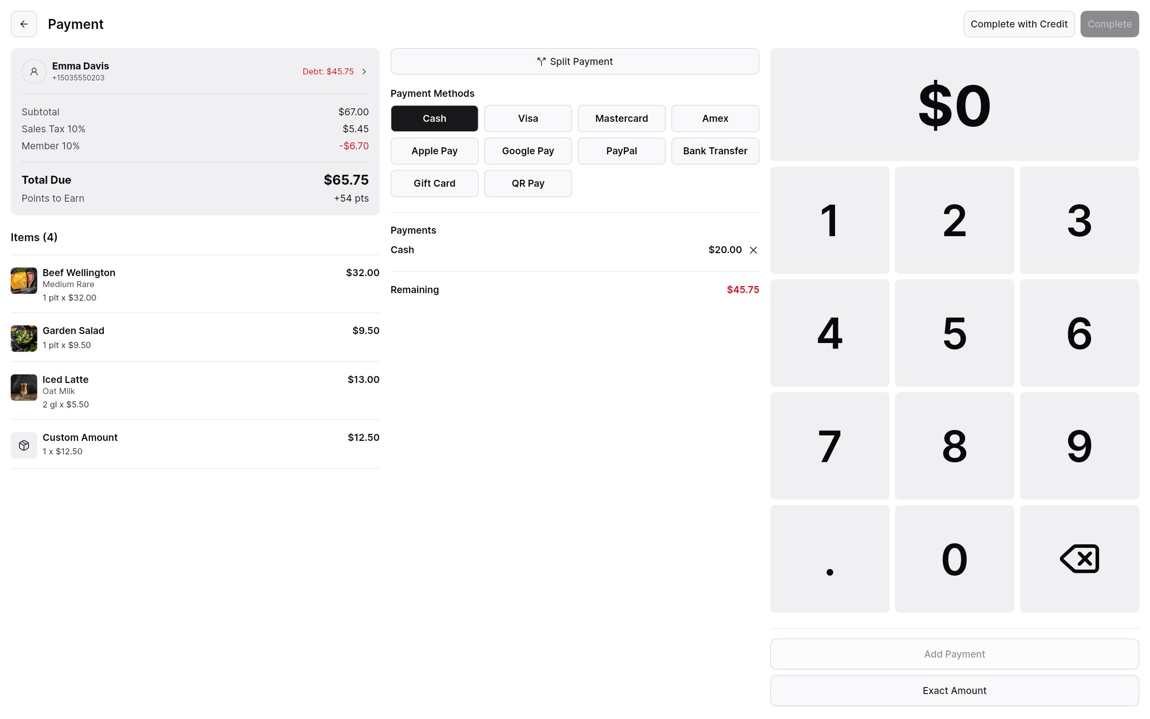 Payment screen with a partial cash payment and the option to complete the rest on credit.