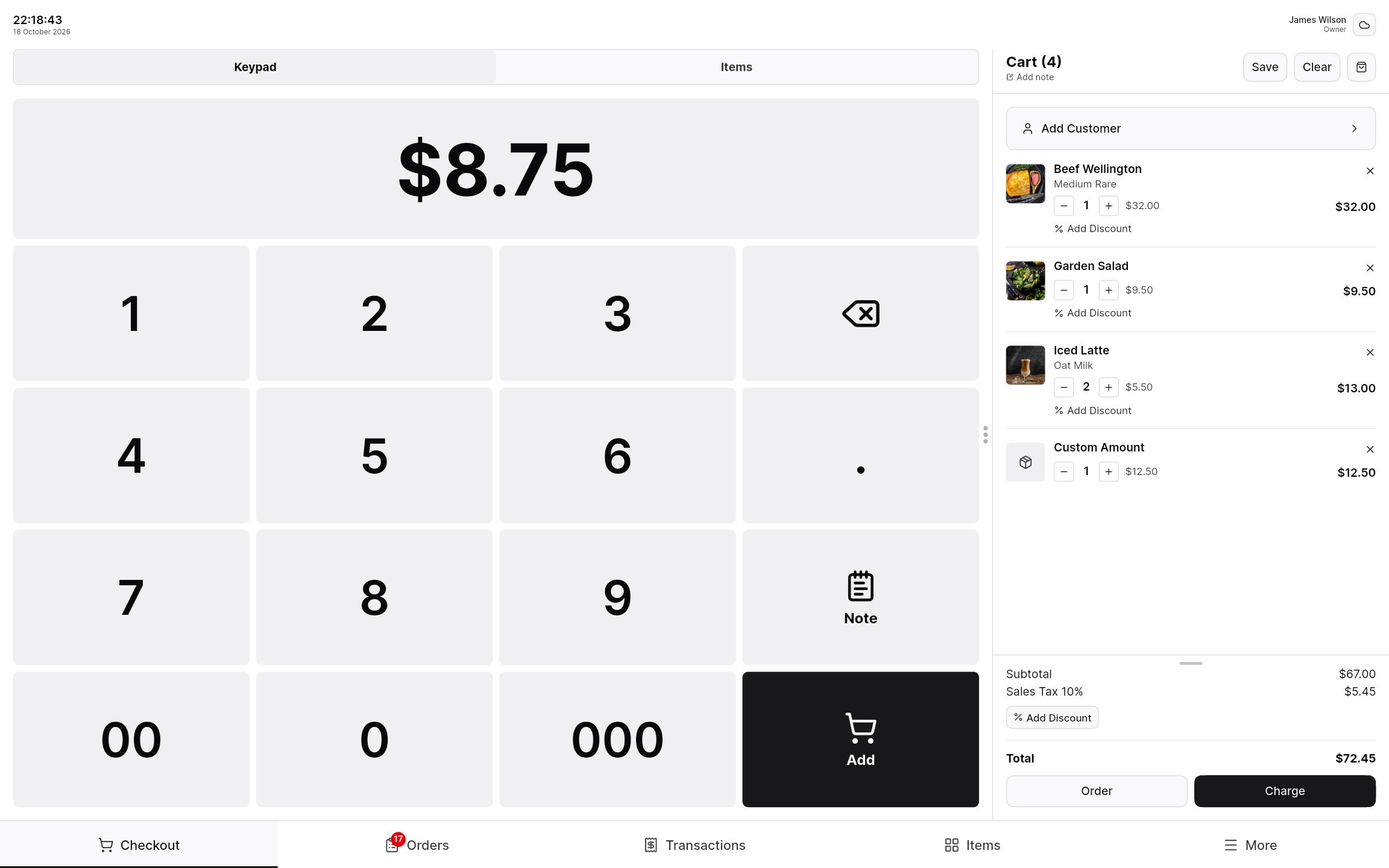 Keypad checkout entering a custom amount next to a cart with catalog items and a custom line.