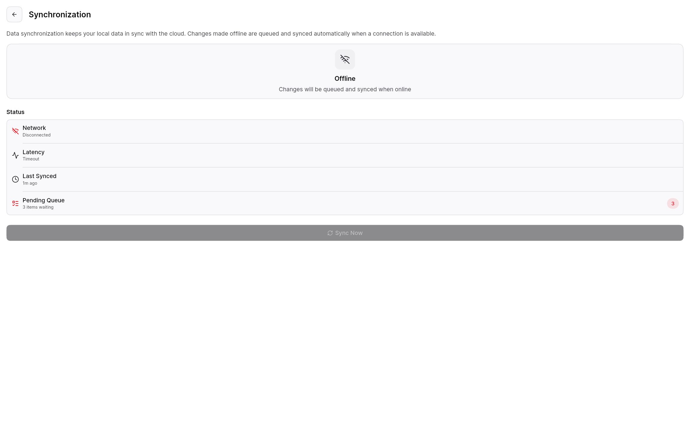 Sync status showing the device offline with sales queued to sync later.