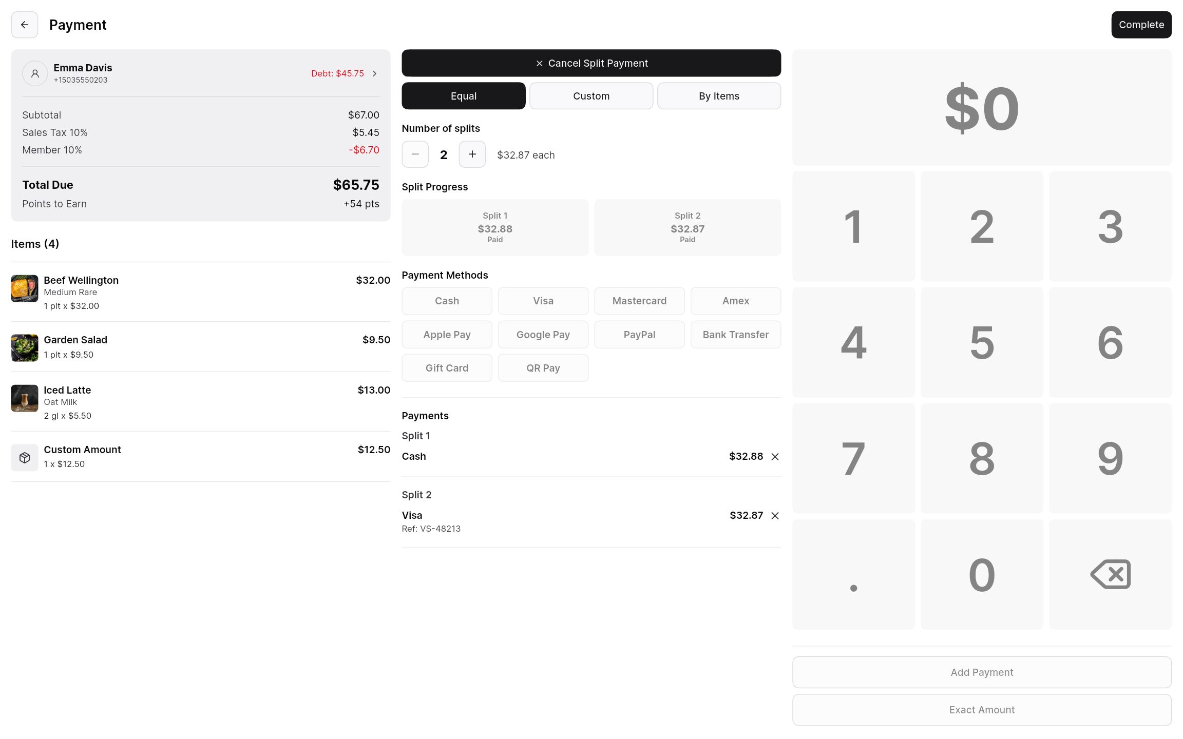 Split payment screen with one bill paid half in cash and half by Visa.