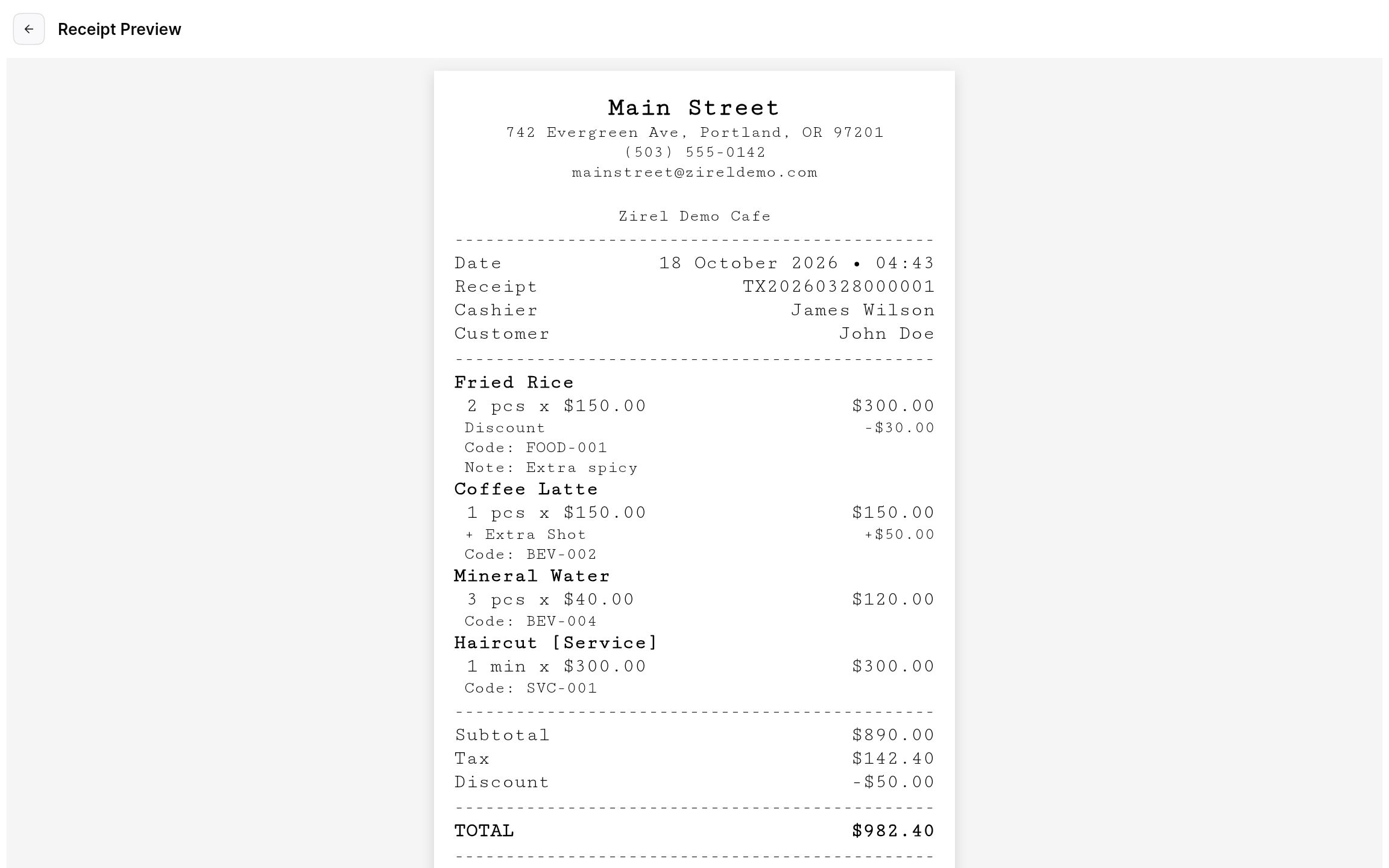 Thermal receipt preview with the location header, items, taxes, and totals.